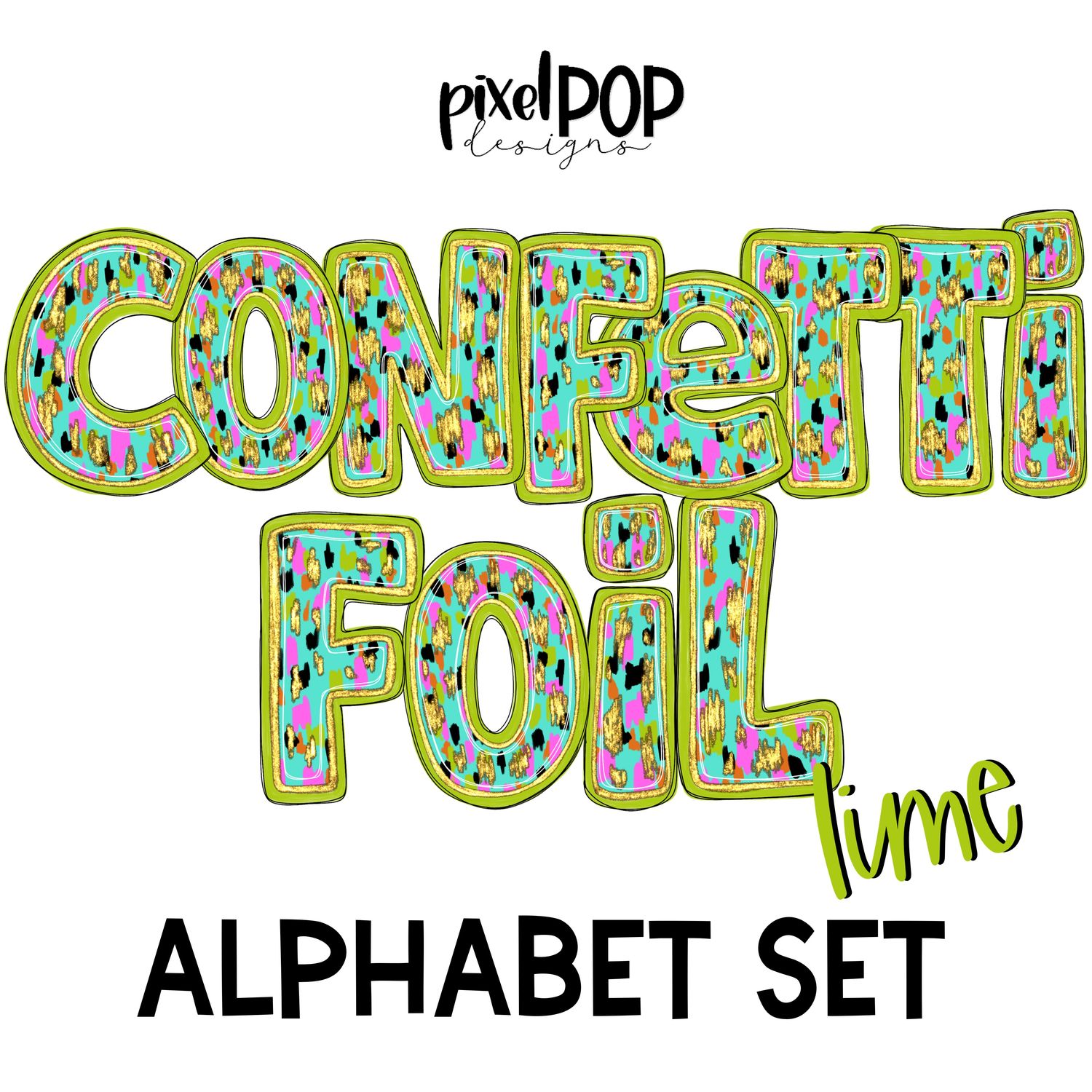 Confetti Foil Lime Alphabet Letter Set | Alphapack Font | Watercolor | PNG | Sublimation Doodle Letter | Font Set | Transfer Letters