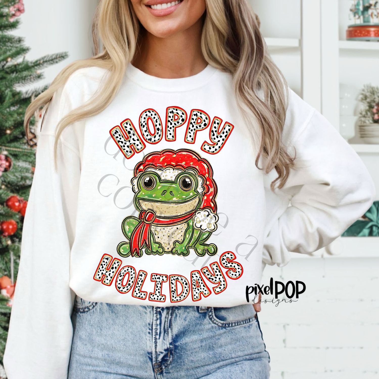 Hoppy Holidays Christmas Frog with Santa Hat PNG Design | Holiday | Santa Claus | Art | Sublimation PNG | Digital Download | Printable Artwork