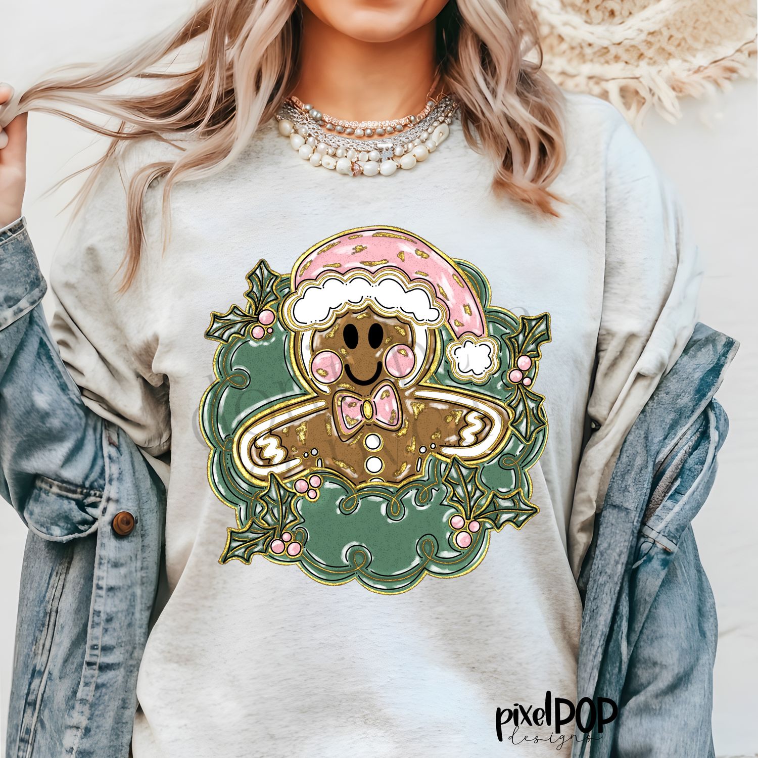 Gingerbread Wreath Pink Gold Foil Christmas PNG Design | Holiday | Art | Sublimation PNG | Digital Download | Printable Artwork