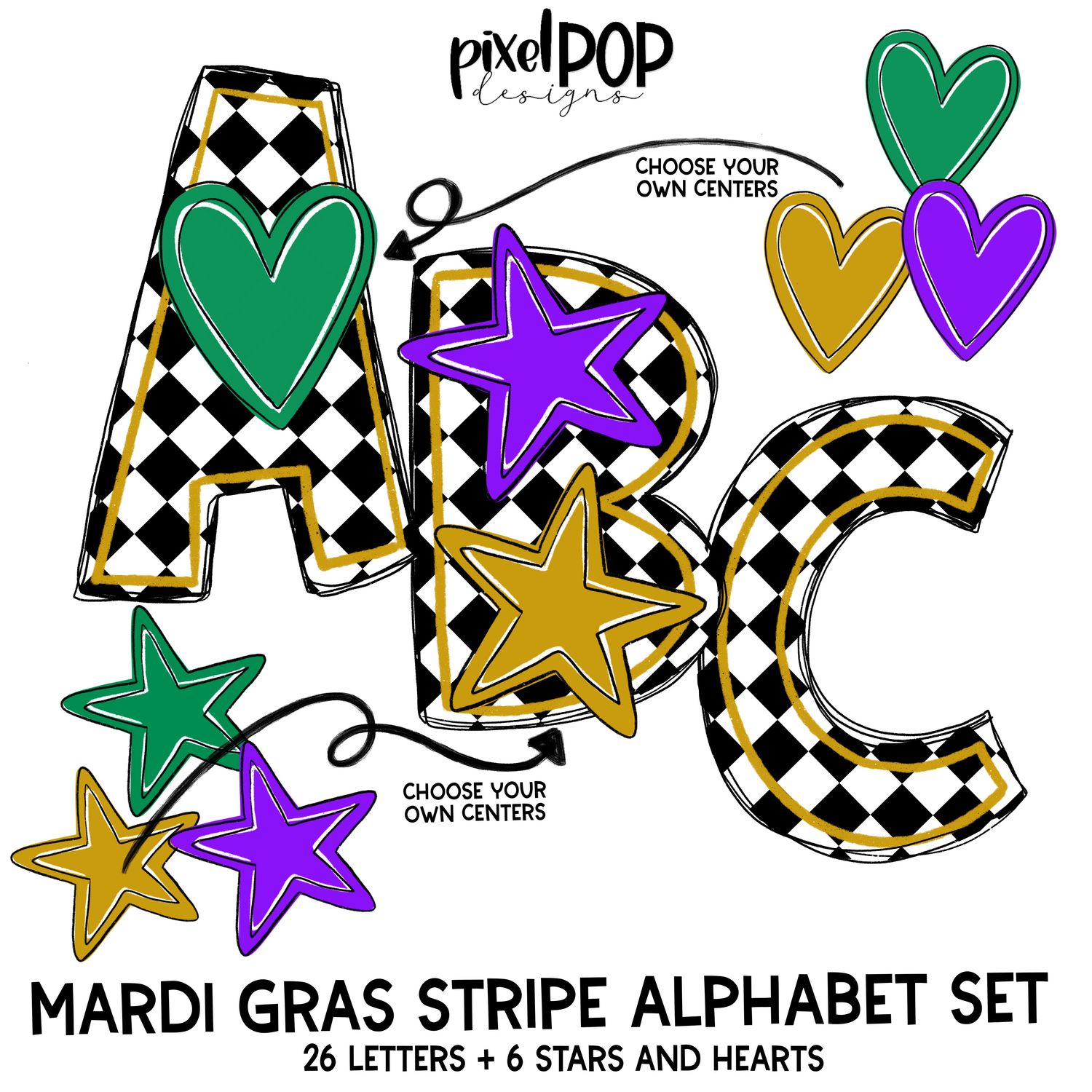 Mardi Gras Alphabet Letter Set in HARLEQUIN GOLD | Alphapack Font | Watercolor | PNG | Sublimation Doodle Letter | Font Set | Transfer Letters