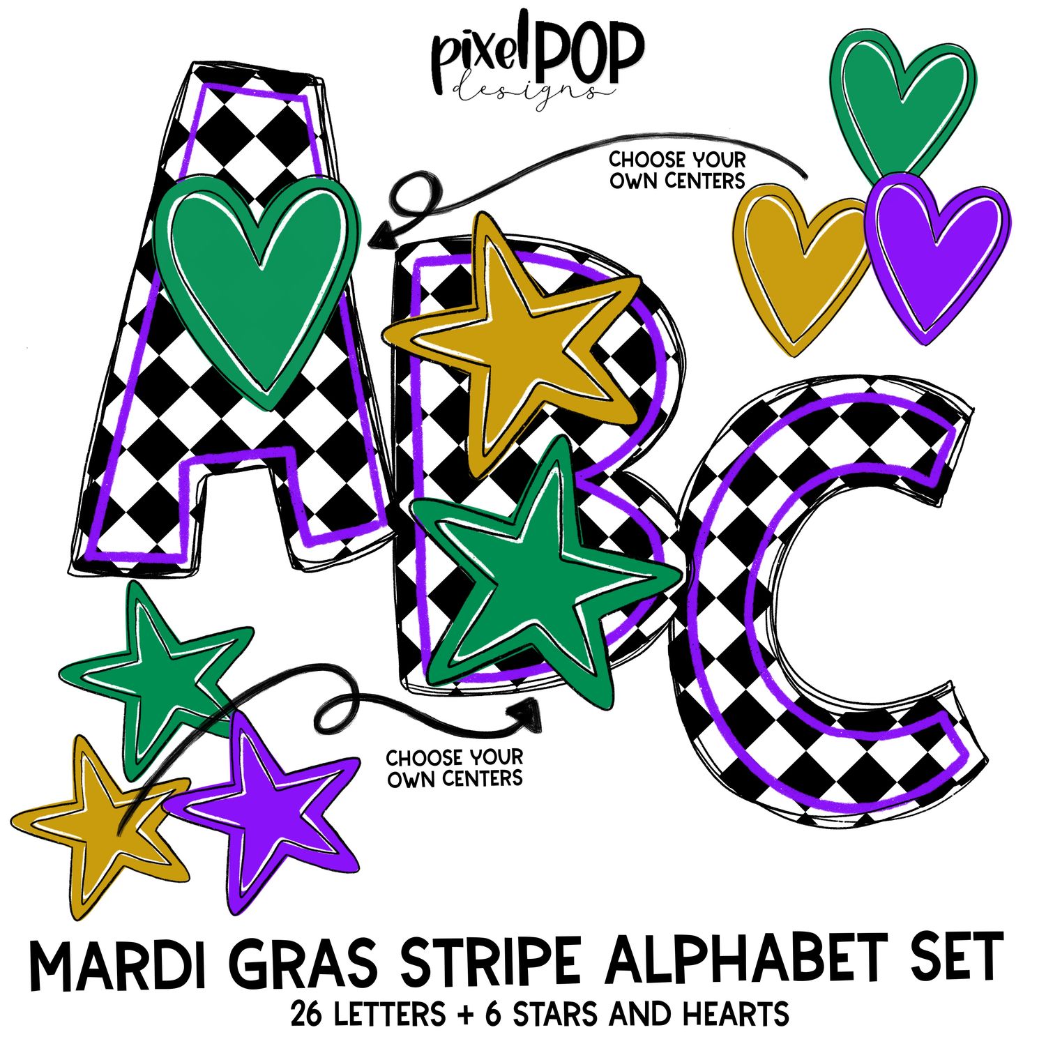 Mardi Gras Alphabet Letter Set in HARLEQUIN PURPLE | Alphapack Font | Watercolor | PNG | Sublimation Doodle Letter | Font Set | Transfer Letters