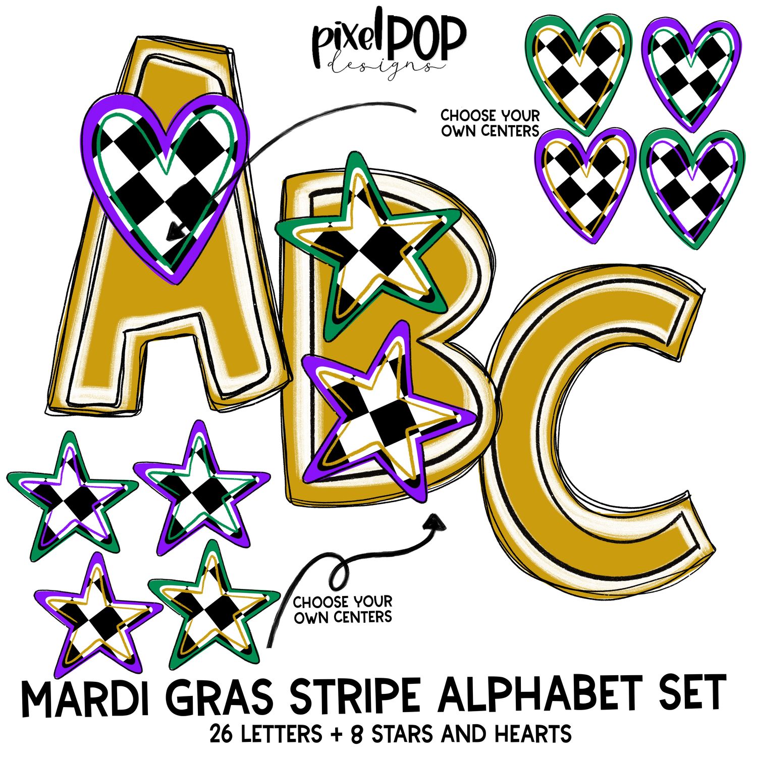 Mardi Gras Alphabet Letter Set in Gold | Alphapack Font | Watercolor | PNG | Sublimation Doodle Letter | Font Set | Transfer Letters