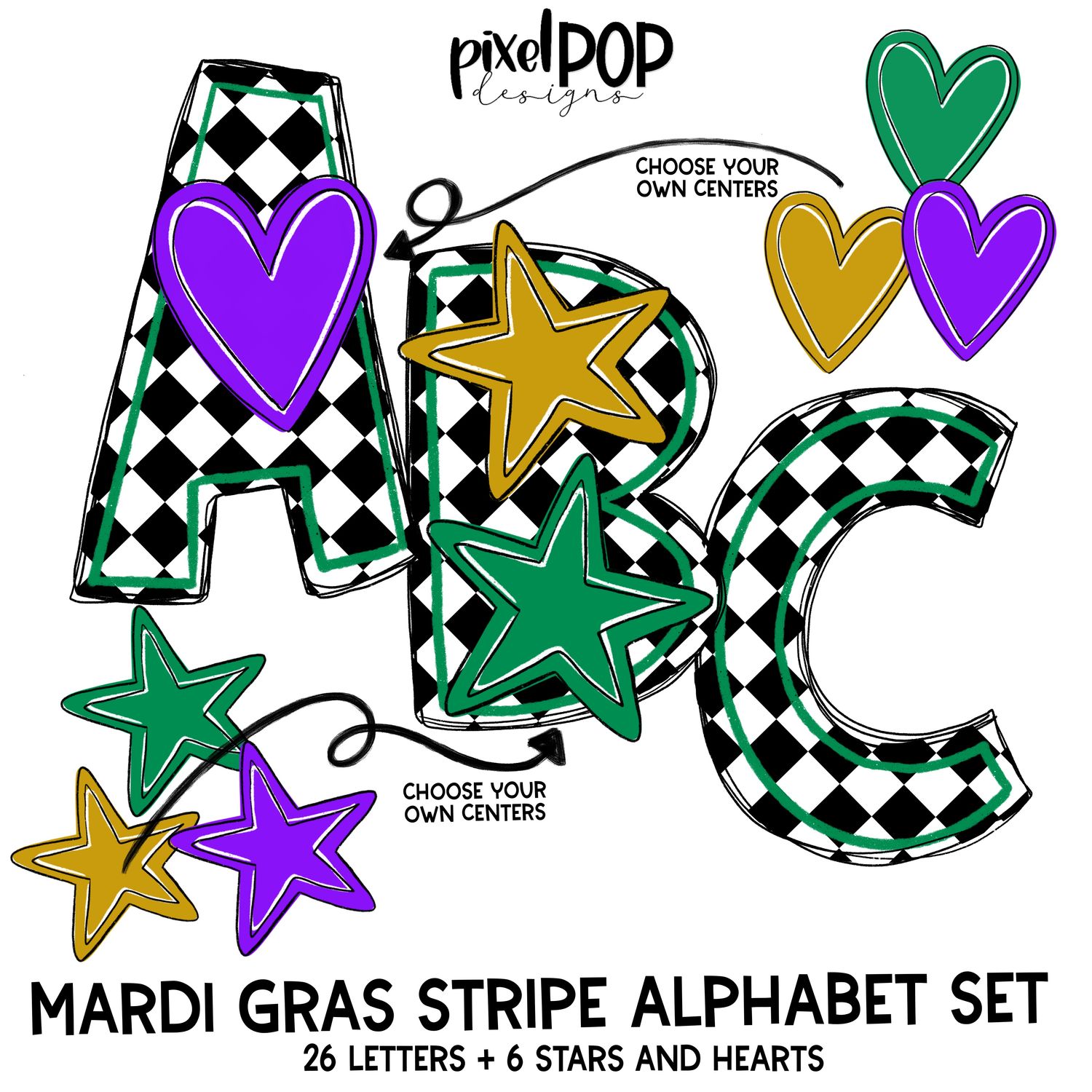 Mardi Gras Alphabet Letter Set in HARLEQUIN GREEN | Alphapack Font | Watercolor | PNG | Sublimation Doodle Letter | Font Set | Transfer Letters