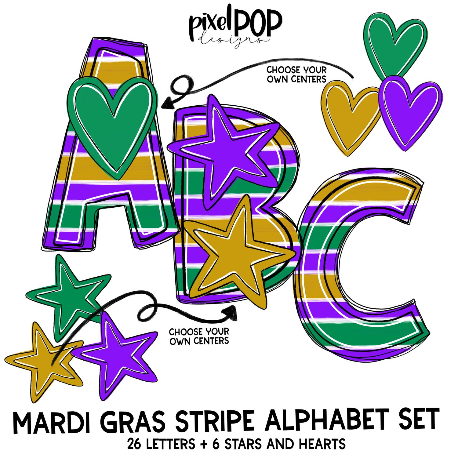 Mardi Gras STRIPE Alphabet Letter Set | Alphapack Font | Watercolor | PNG | Sublimation Doodle Letter | Font Set | Transfer Letters