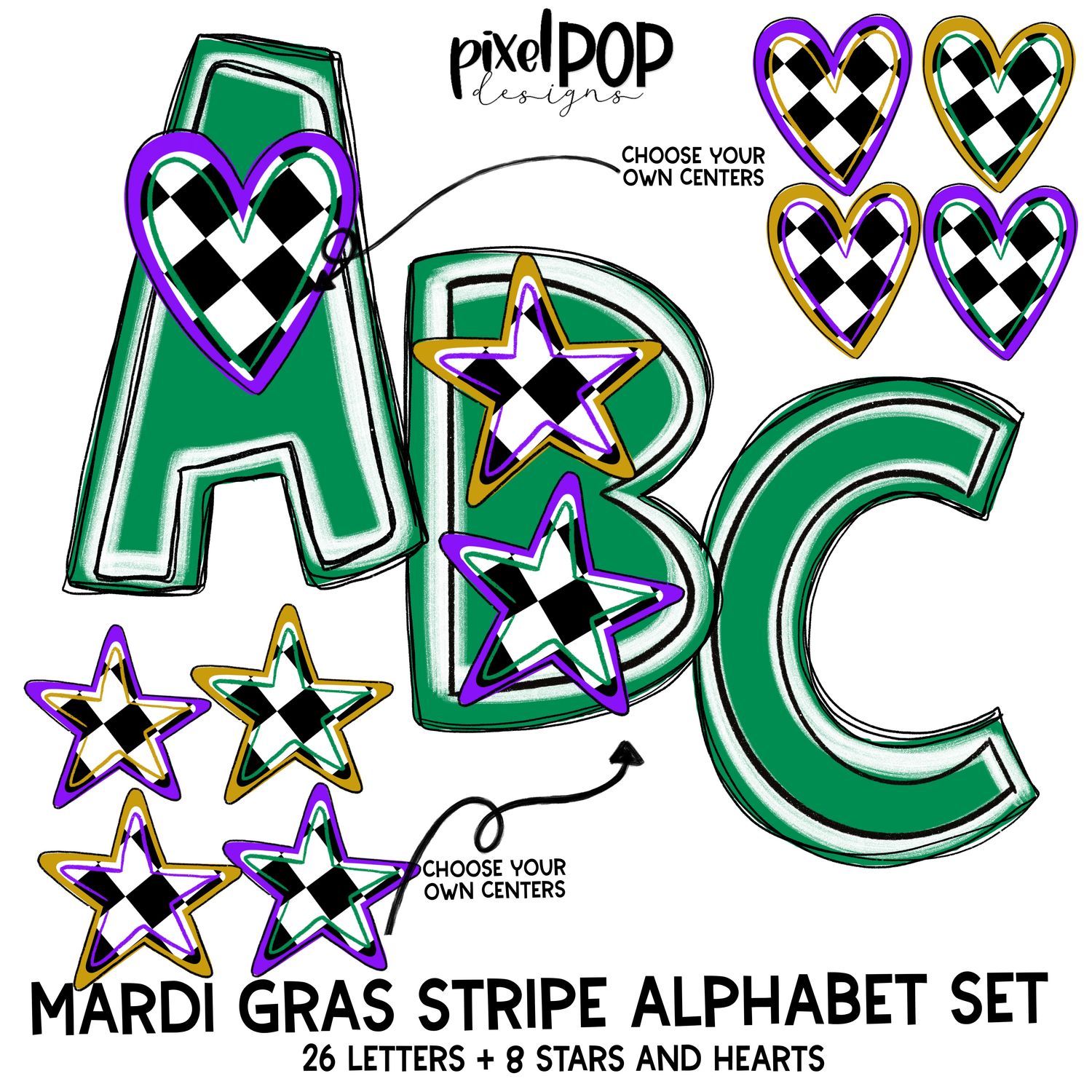 Mardi Gras Alphabet Letter Set in Green | Alphapack Font | Watercolor | PNG | Sublimation Doodle Letter | Font Set | Transfer Letters