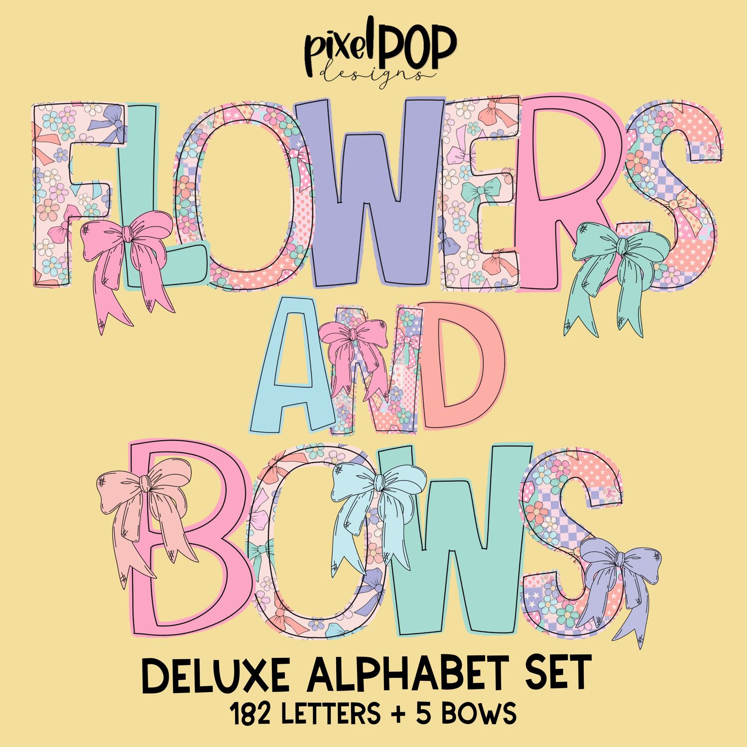 Flowers and Bows Coquette Deluxe Alphabet Letter Set Bundle | Alphapack Font | Watercolor | PNG | Sublimation Doodle Letter | Font Set | Transfer Letters