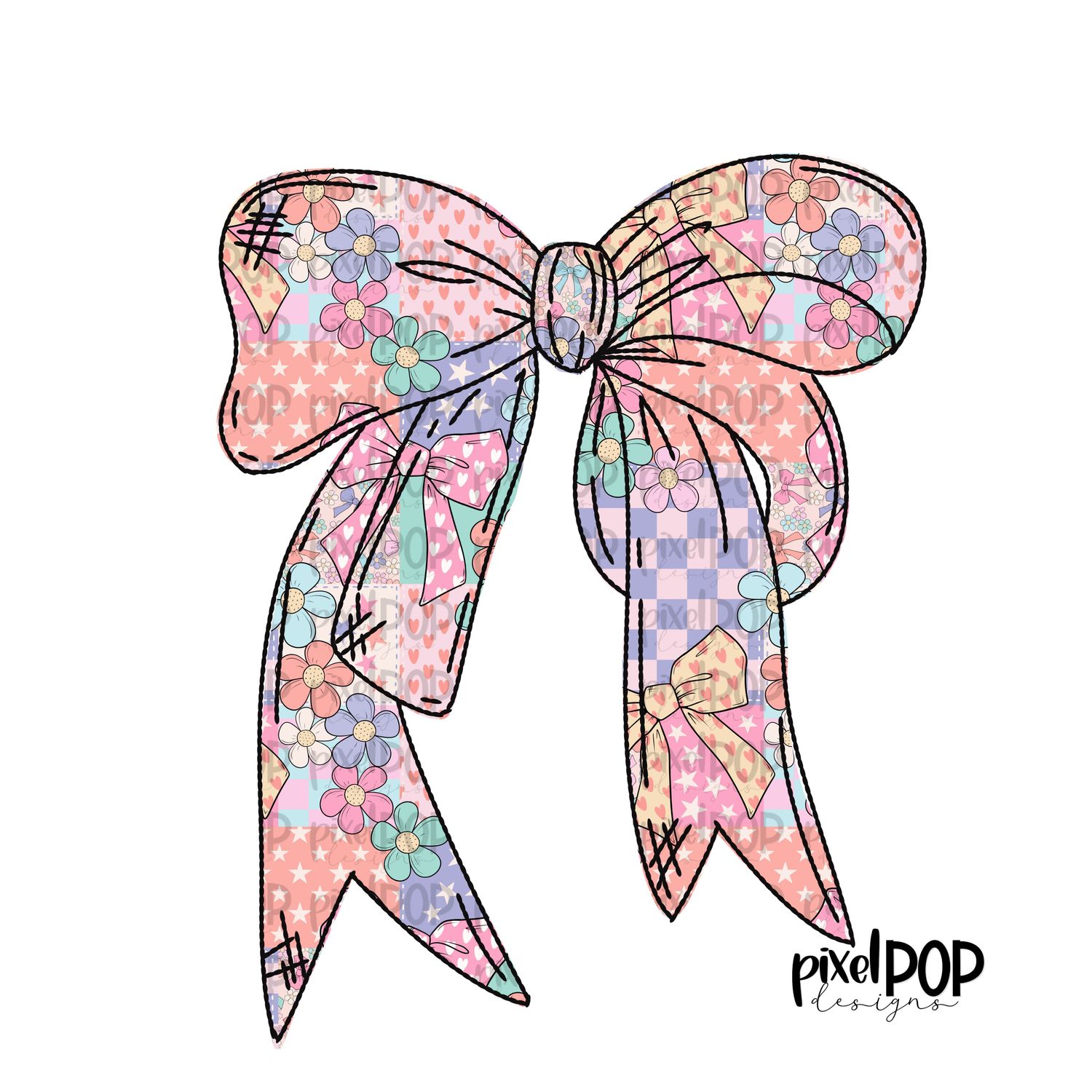 Flowers and Bows Patchwork Print Coquette Bow PNG