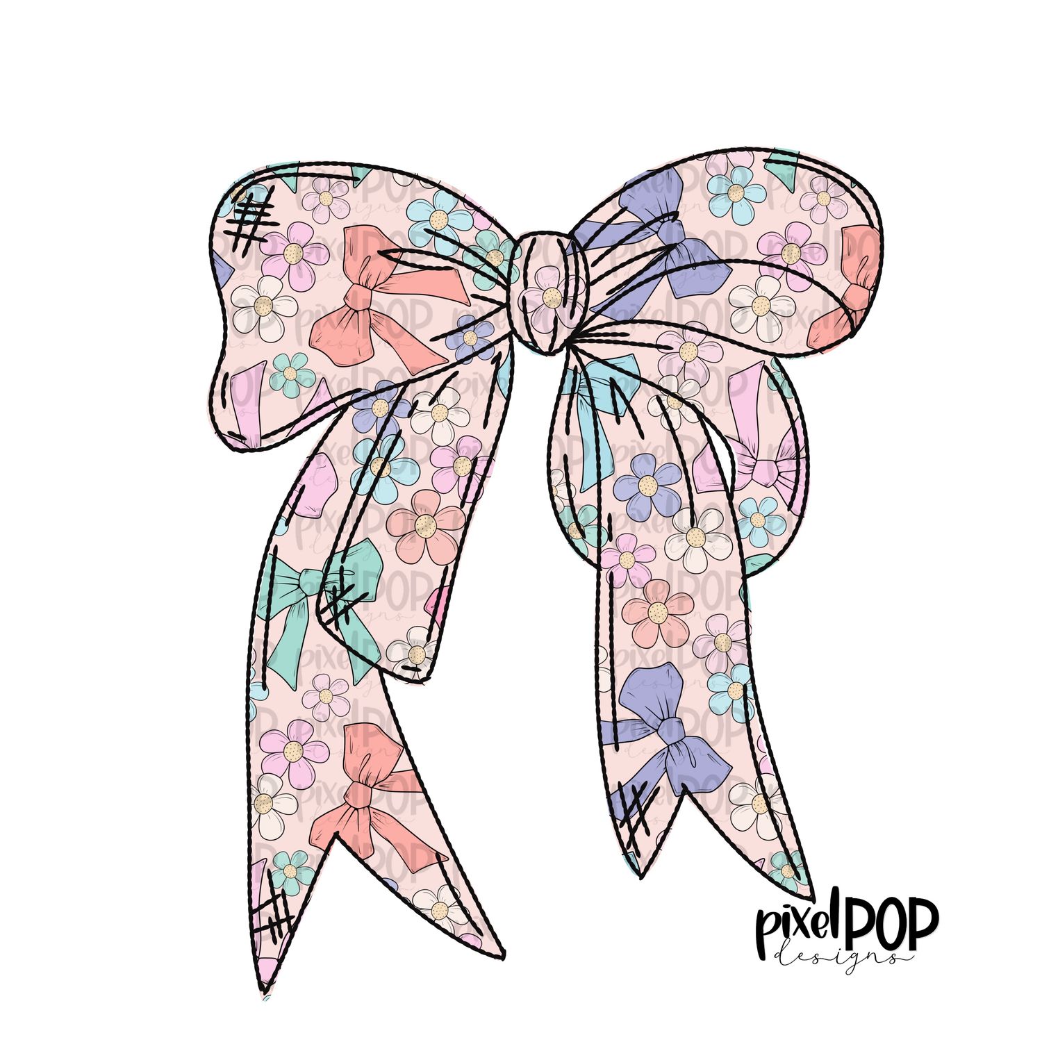 Flowers and Bows Patchwork Print Coquette Bow PNG