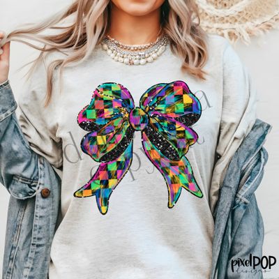 Rainbow Check Distressed Faux Sequin Glitter Coquette Bow PNG Design