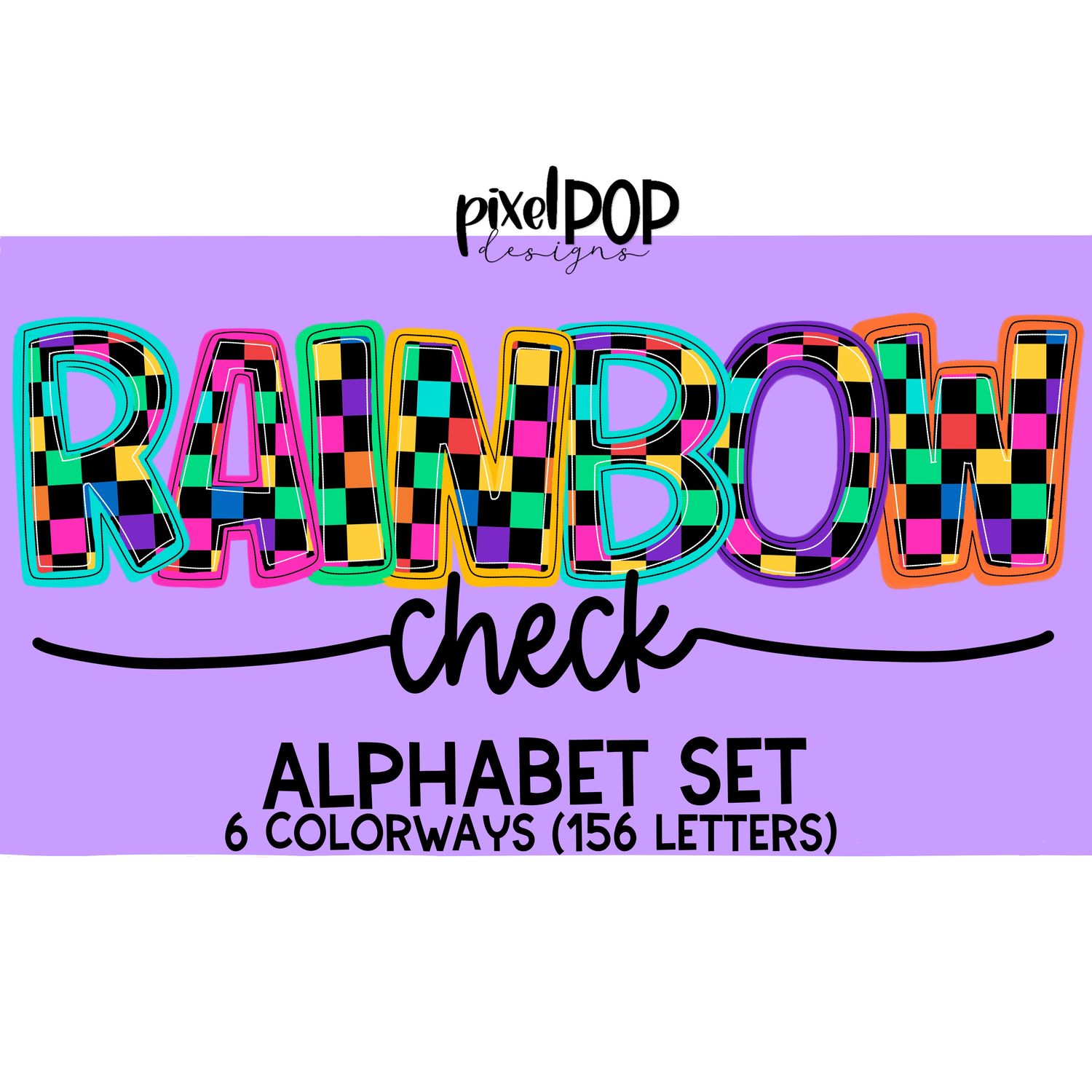 Rainbow Check Alphabet Letter Set | Alphapack Font | Watercolor | PNG | Sublimation Doodle Letter | Font Set | Transfer Letters