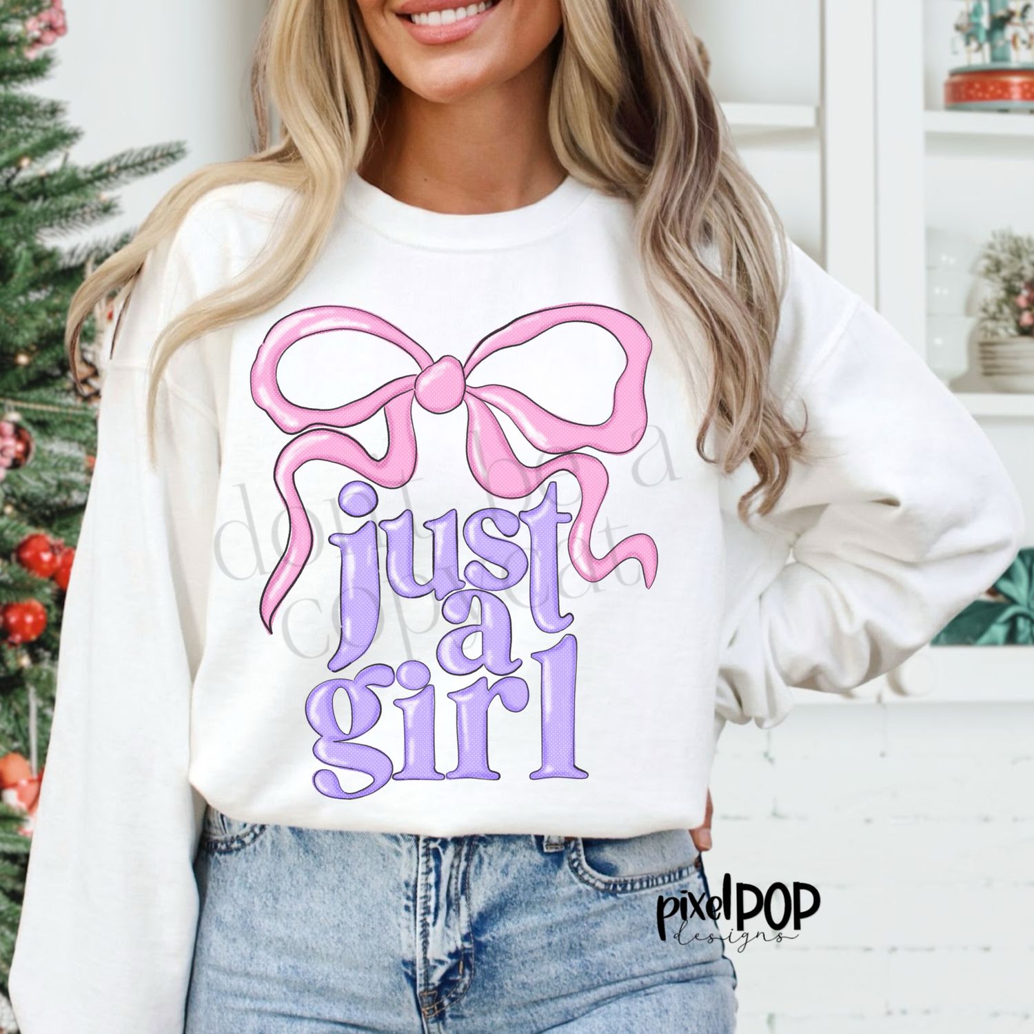 Just a Girl Pink and Purple Coquette Bow PNG Design