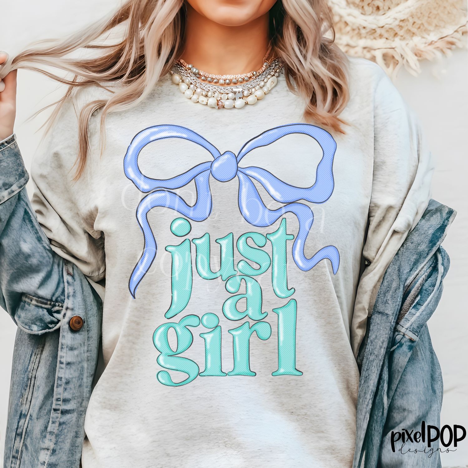 Just a Girl Mint and Blue Coquette Bow PNG Design