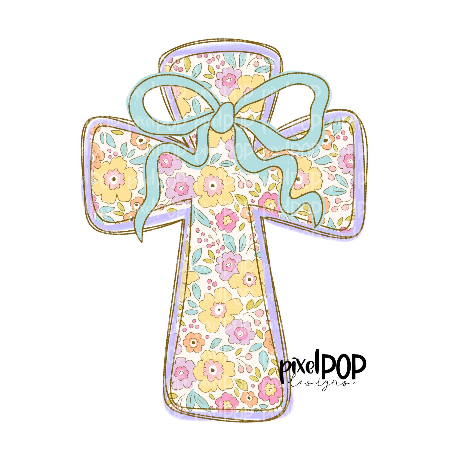 Pastel Floral Cross with Bow Religious Christian PNG | Religious Art Design