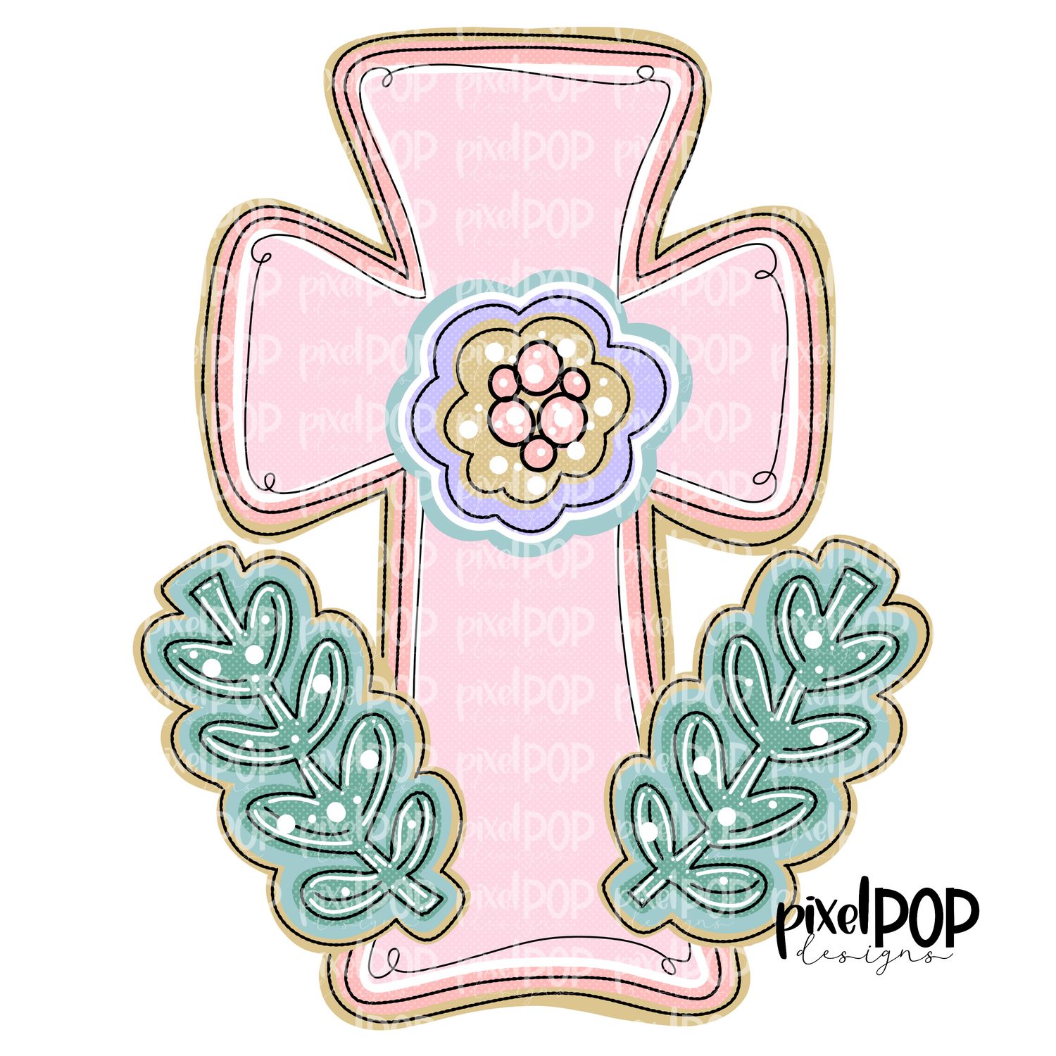 Simple Pink Floral Cross Religious Christian PNG | Religious Art Design