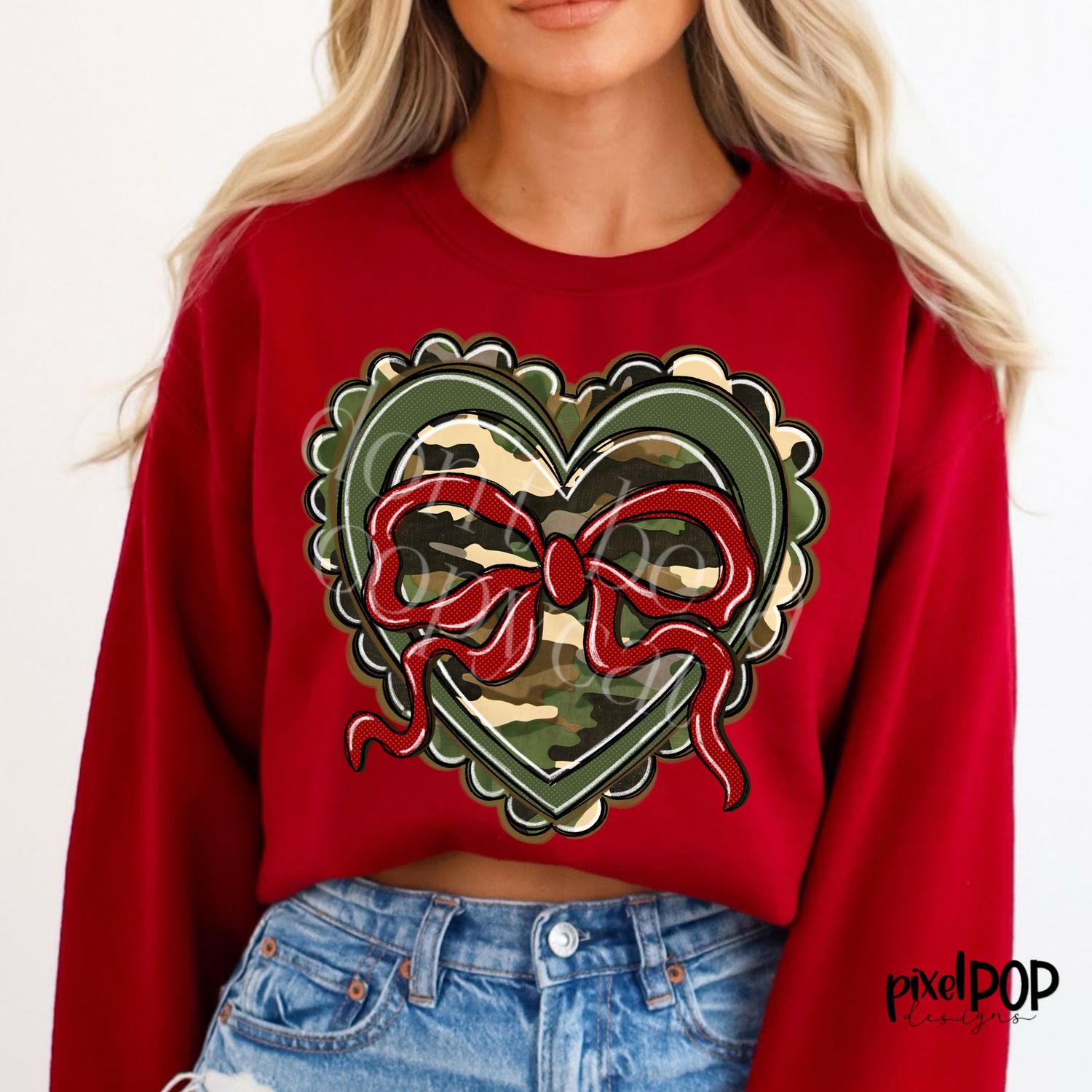 Camouflage Heart with Bow Valentine&#39;s Day PNG | Sublimation Valentine Art | XoXo | Hand Painted Art | Digital Design | Printable Art