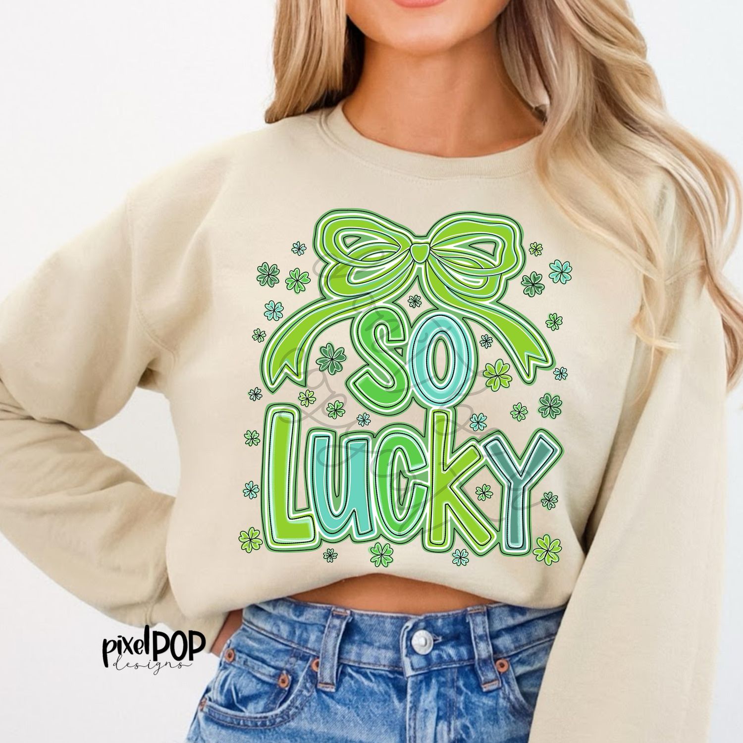 So Lucky Loopy Coquette Bow Shamrock Four Leaf Clover Saint Patrick&#39;s Day PNG  Clover Art Painted Art Digital Download Printable St. Paddy&#39;s