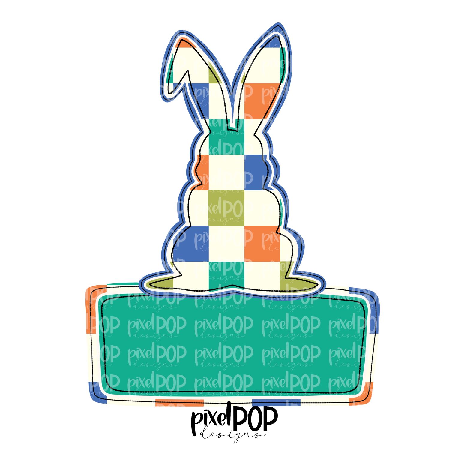 Checkered Bunny WITH PLAQUE PNG Easter Bunny Easter Rabbit Hop Bunny Design Bunny Tail Easter Design Easter PNG