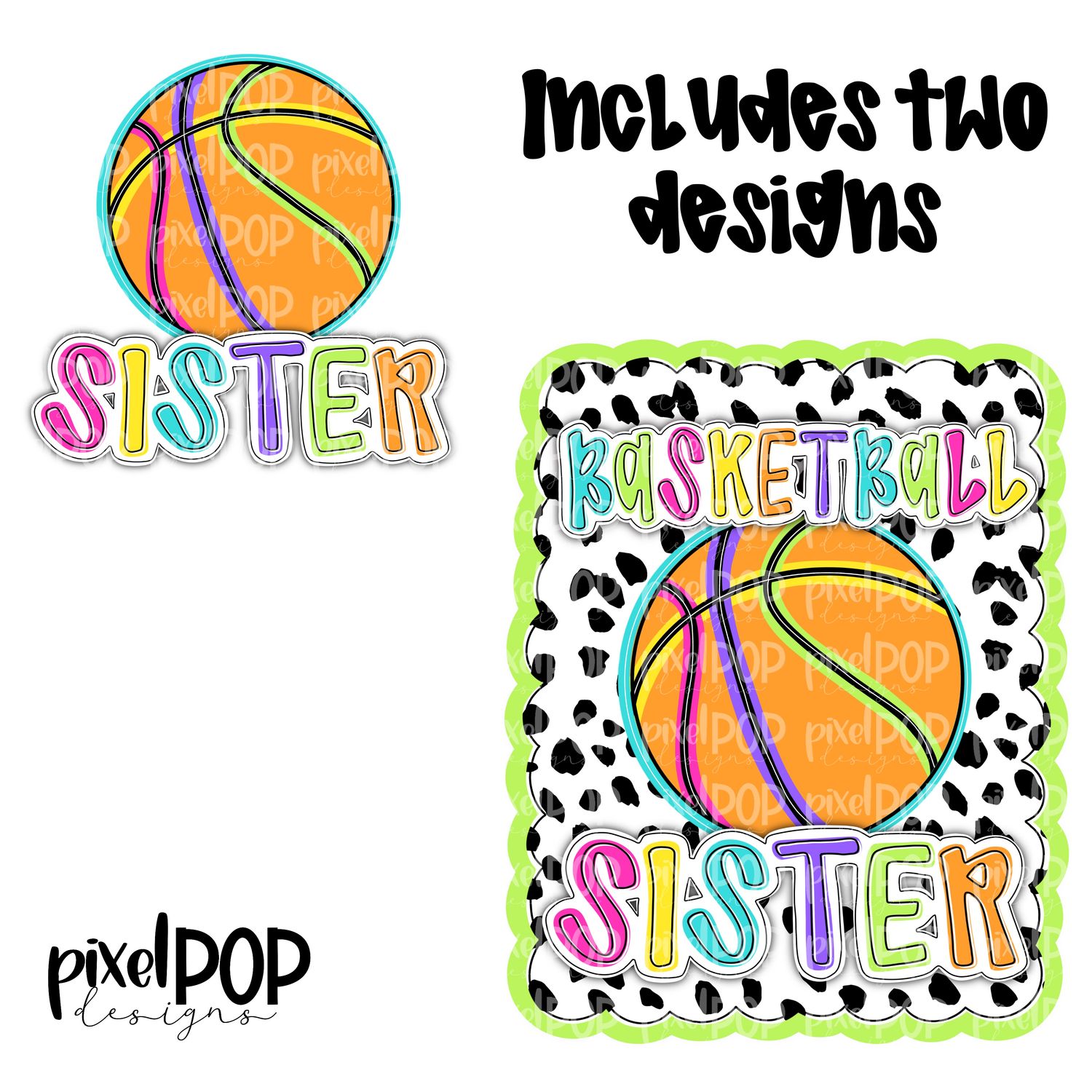 Bright Basketball Sister Dotty Scalloped Hand Lettered Style PNG and POCKET Design