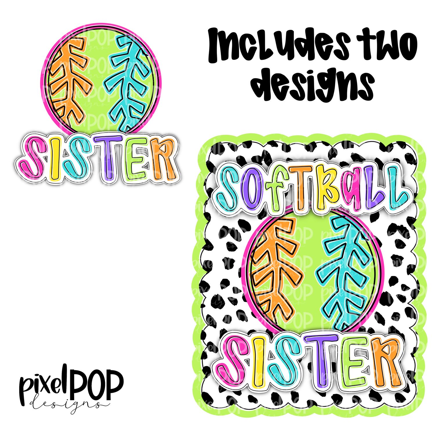 Bright Softball Sister Dotty Scalloped Hand Lettered Style PNG and POCKET Design