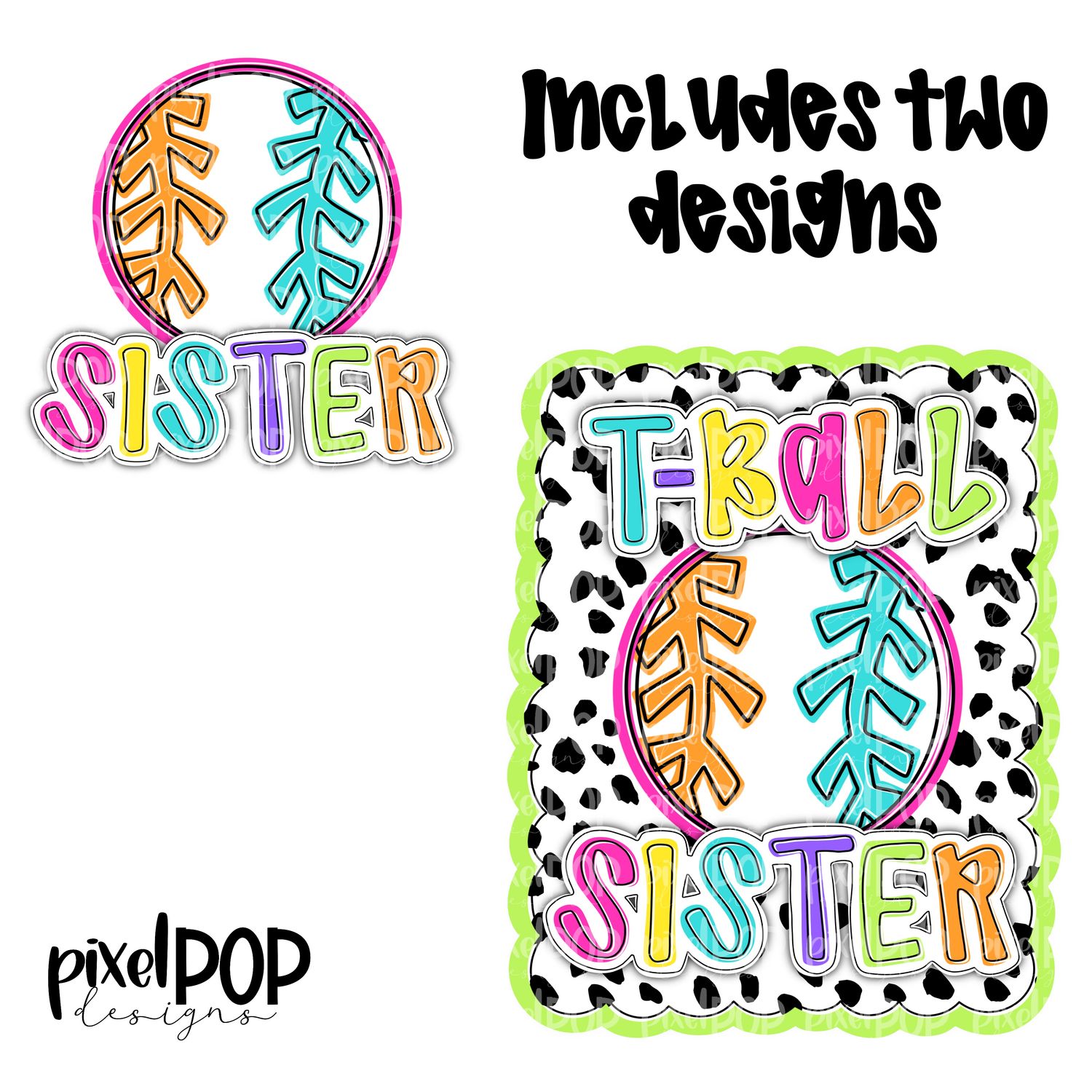 Bright T-ball Sister Dotty Scalloped Hand Lettered Style PNG and POCKET Design