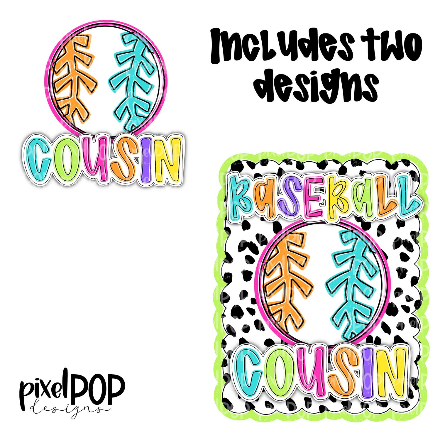 Bright Baseball Cousin Dotty Scalloped Hand Lettered Style PNG and POCKET Design