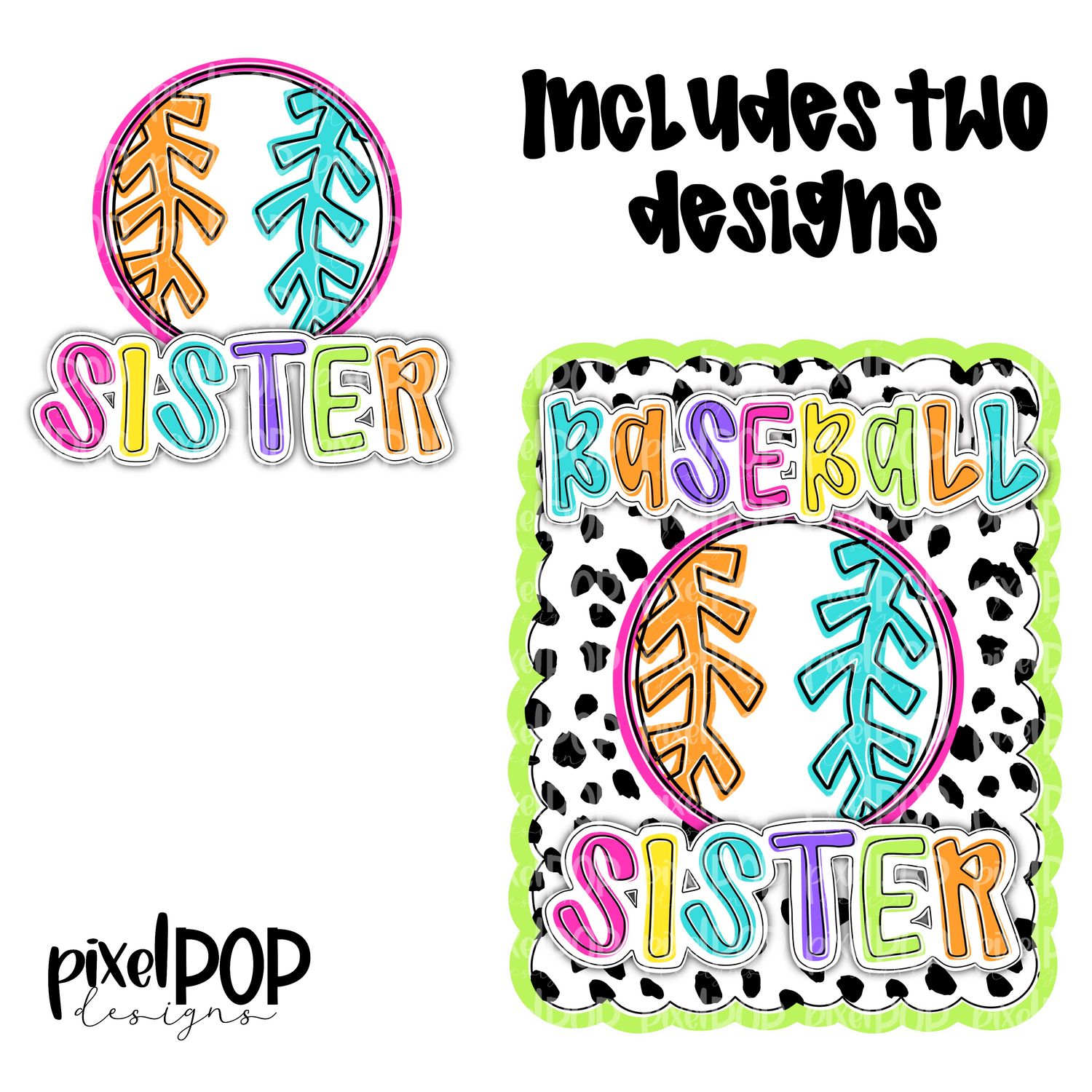 Bright Baseball Sister Dotty Scalloped Hand Lettered Style PNG and POCKET Design