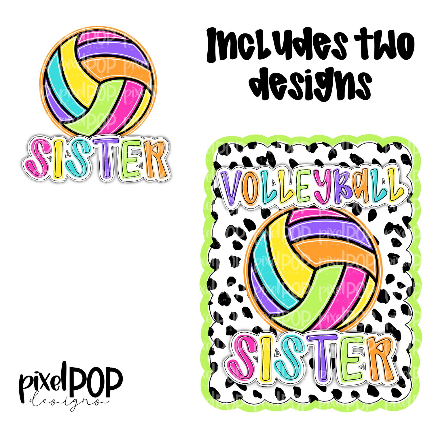 Bright Volleyball Sister Dotty Scalloped Hand Lettered Style PNG and POCKET Design