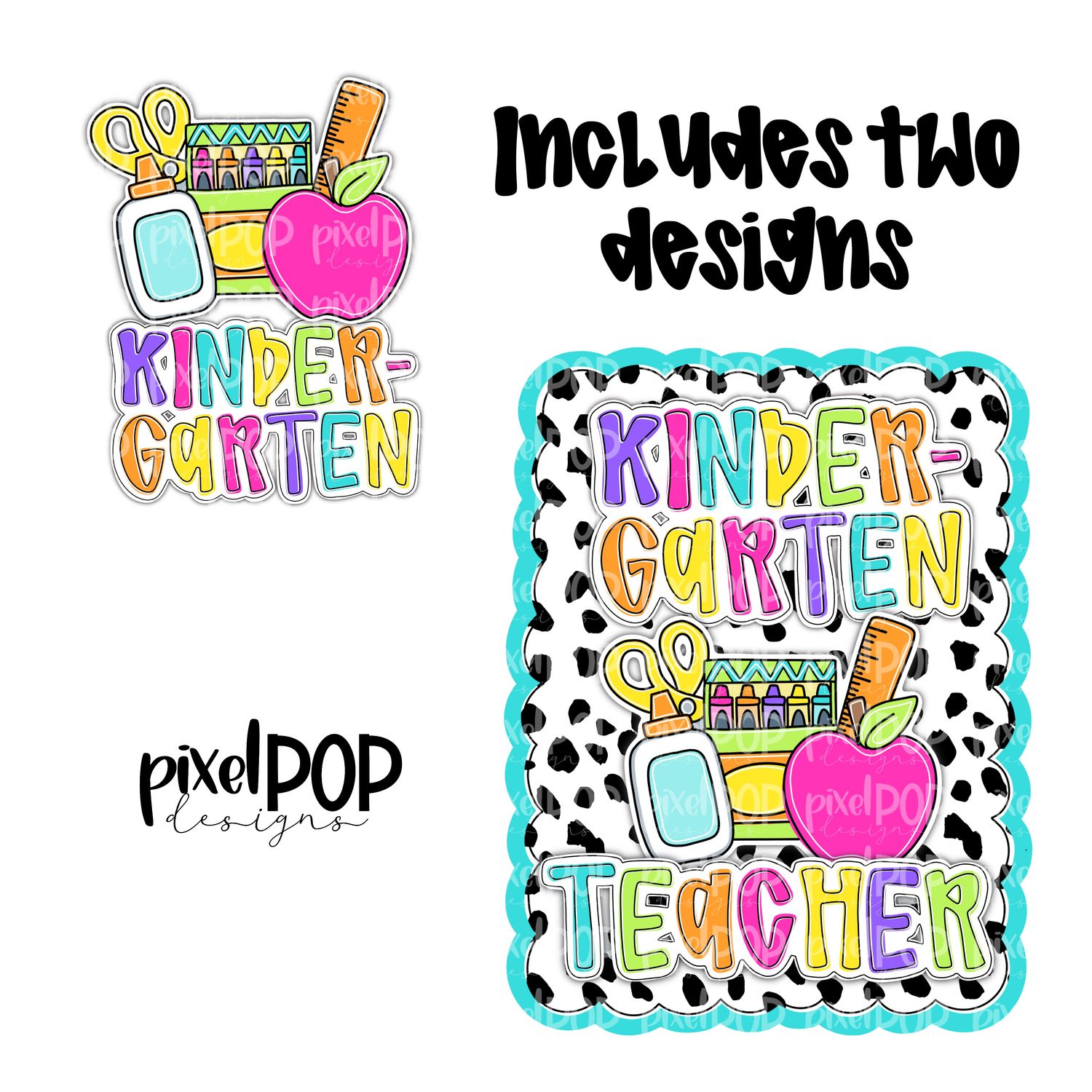 Kindergarten Teacher Dotty Scalloped PNG Design (INCLUDES POCKET DESIGN) | School Graduation Design | Hand Painted | Digital Download | Printable
