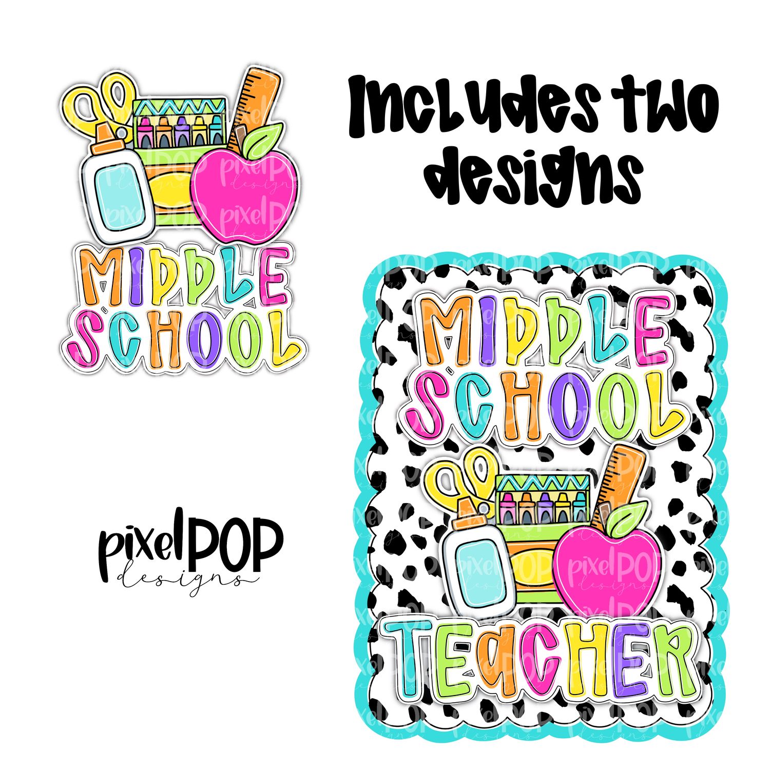 Middle School Teacher Dotty Scalloped PNG Design (INCLUDES POCKET DESIGN) | School Graduation Design | Hand Painted | Digital Download | Printable