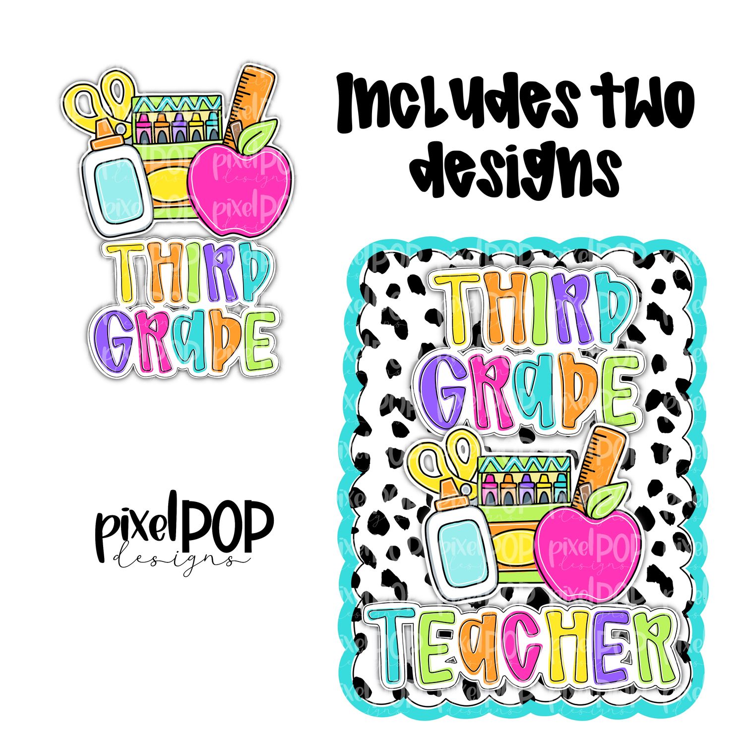 Third Grade Teacher PNG Design (INCLUDES POCKET DESIGN) | School Graduation Design | Hand Painted | Digital Download | Printable