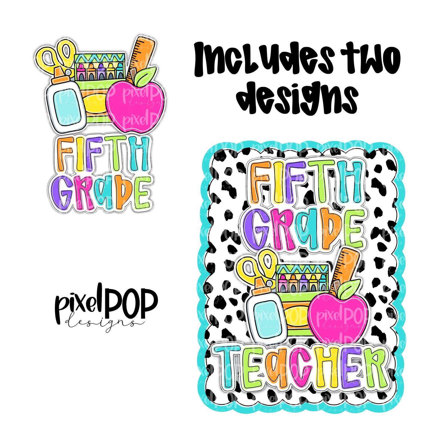 Fifth Grade Teacher Dotty Scalloped PNG Design (INCLUDES POCKET DESIGN) | School Graduation Design | Hand Painted | Digital Download | Printable