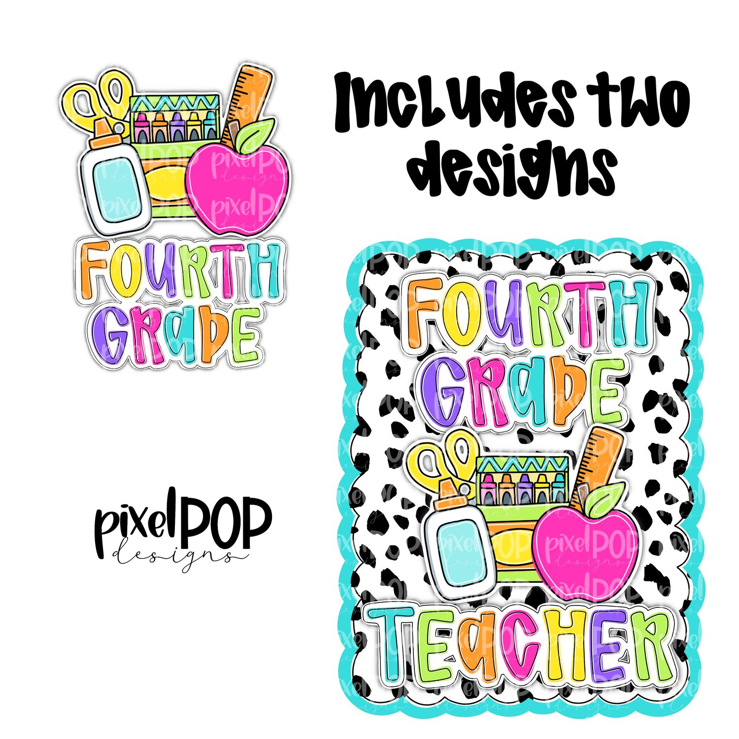 Fourth Grade Teacher Dotty Scalloped PNG Design (INCLUDES POCKET DESIGN) | School Graduation Design | Hand Painted | Digital Download | Printable