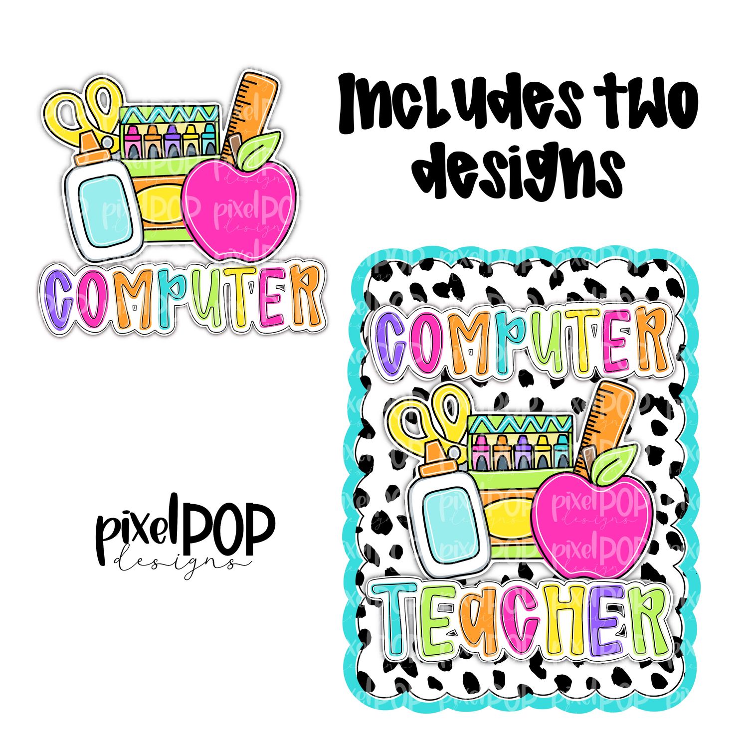 Computer Teacher Dotty Scalloped PNG Design (INCLUDES POCKET DESIGN) | School Graduation Design | Hand Painted | Digital Download | Printable