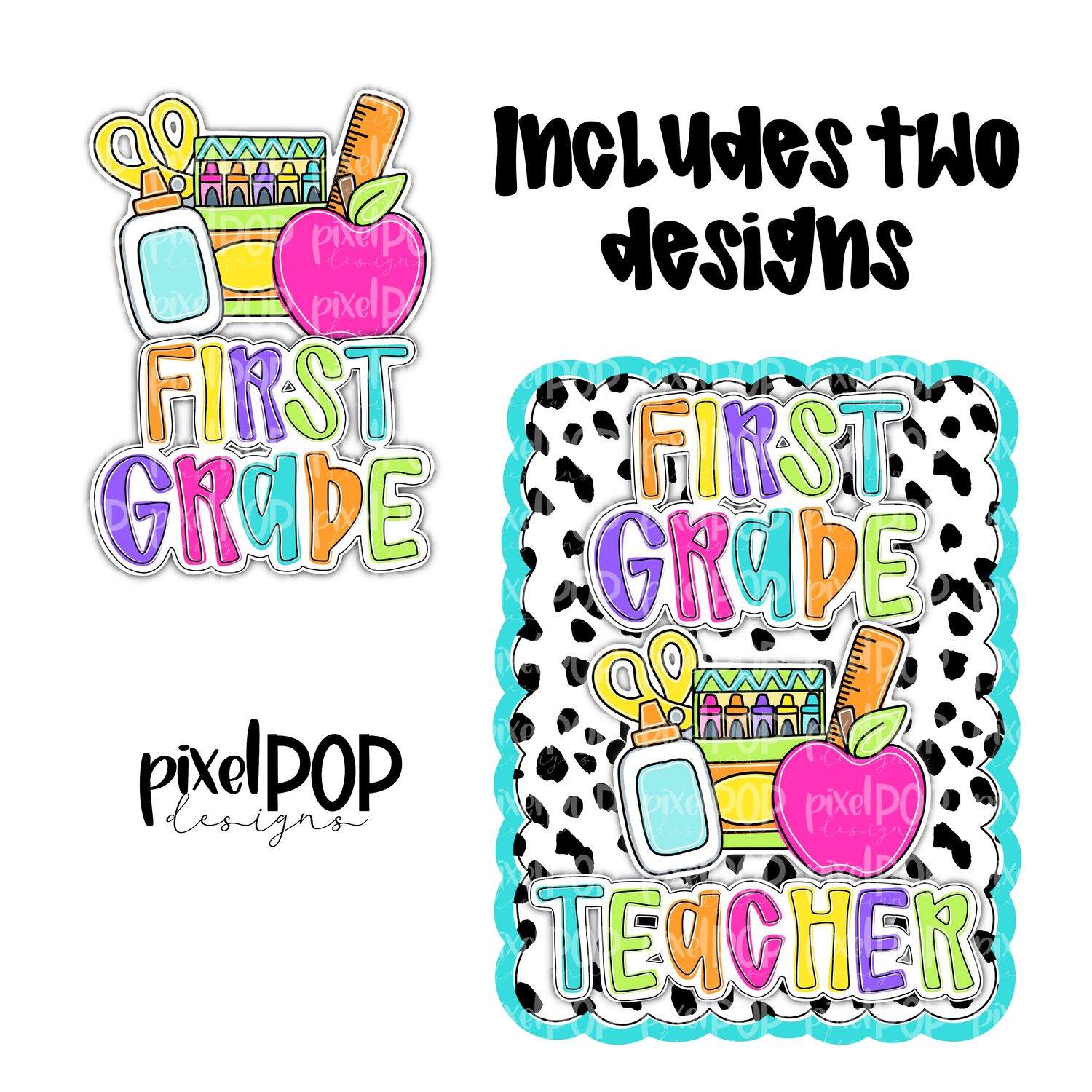 First Grade Teacher Dotty Scalloped PNG Design (INCLUDES POCKET DESIGN) | School Graduation Design | Hand Painted | Digital Download | Printable
