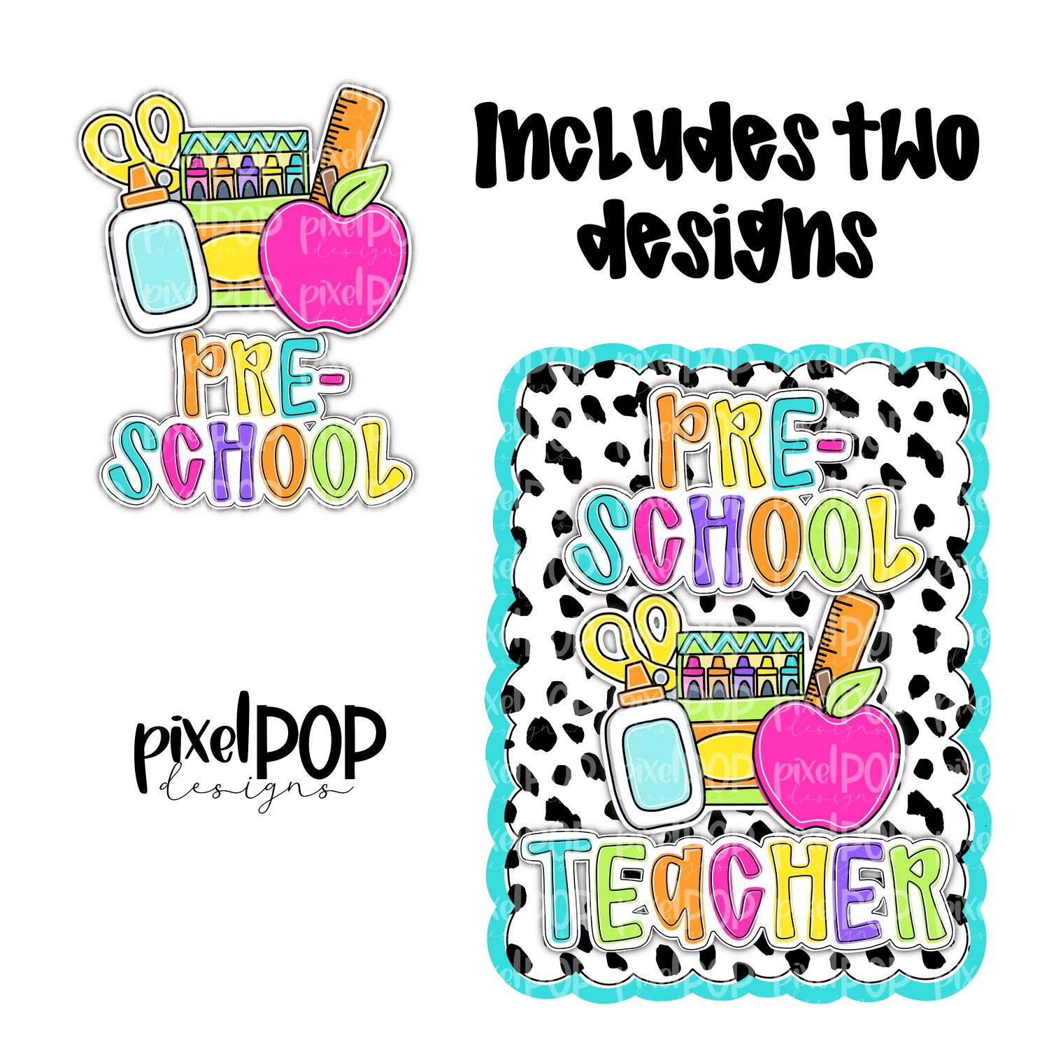 Preschool Teacher Scalloped PNG Design (INCLUDES POCKET DESIGN) | School Graduation Design | Hand Painted | Digital Download | Printable
