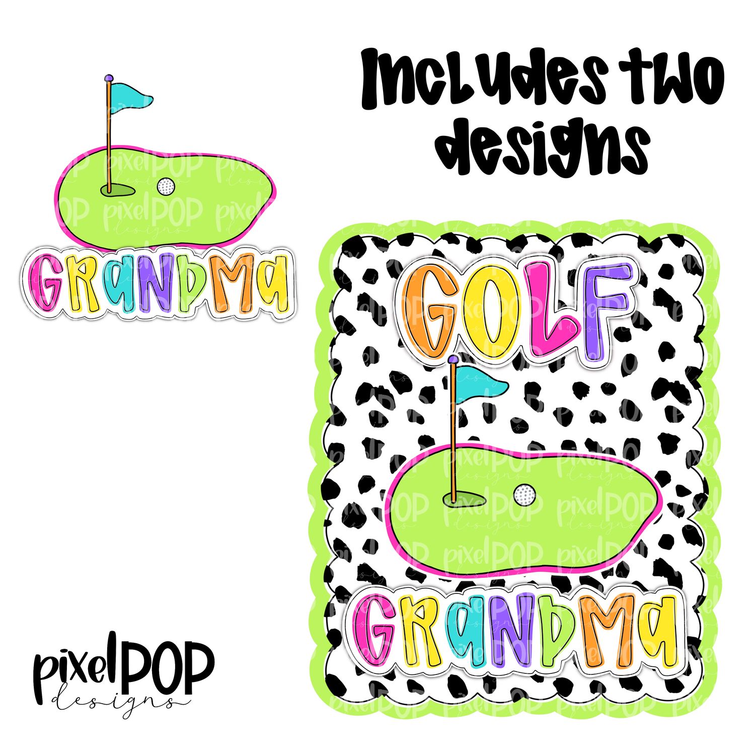 Bright Golf Grandma Dotty Scalloped Hand Lettered Style PNG and POCKET Design