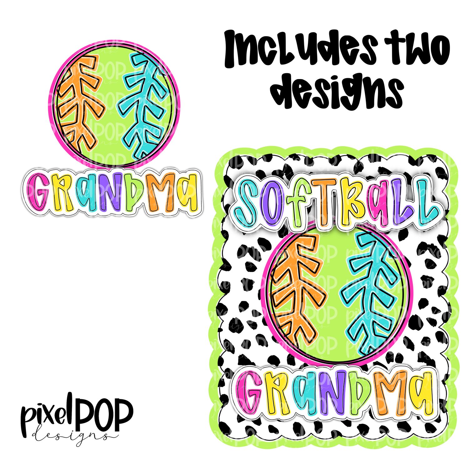 Bright Softball Grandma Dotty Scalloped Hand Lettered Style PNG and POCKET Design
