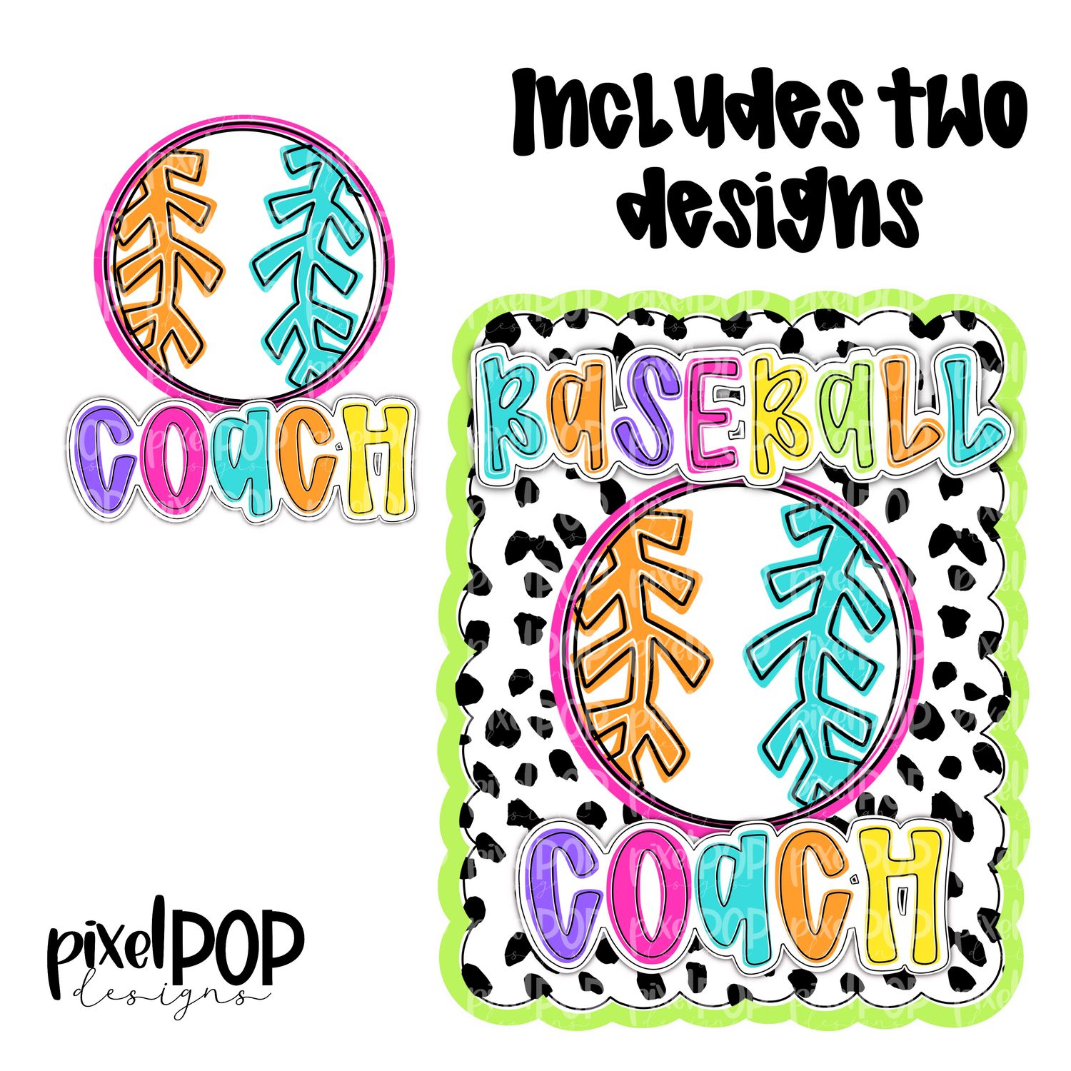 Bright Baseball Coach Dotty Scalloped Hand Lettered Style PNG and POCKET Design