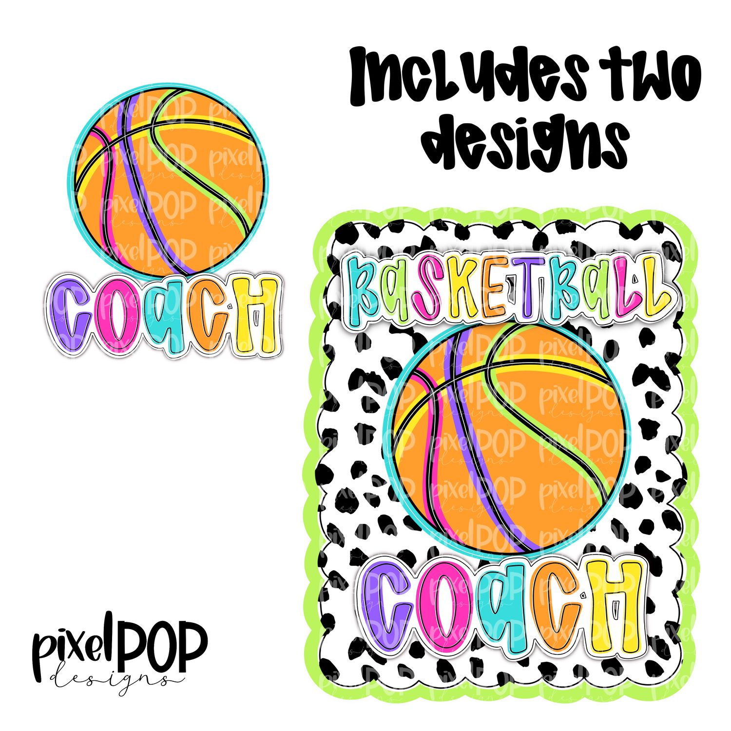 Bright Basketball Coach Dotty Scalloped Hand Lettered Style PNG and POCKET Design