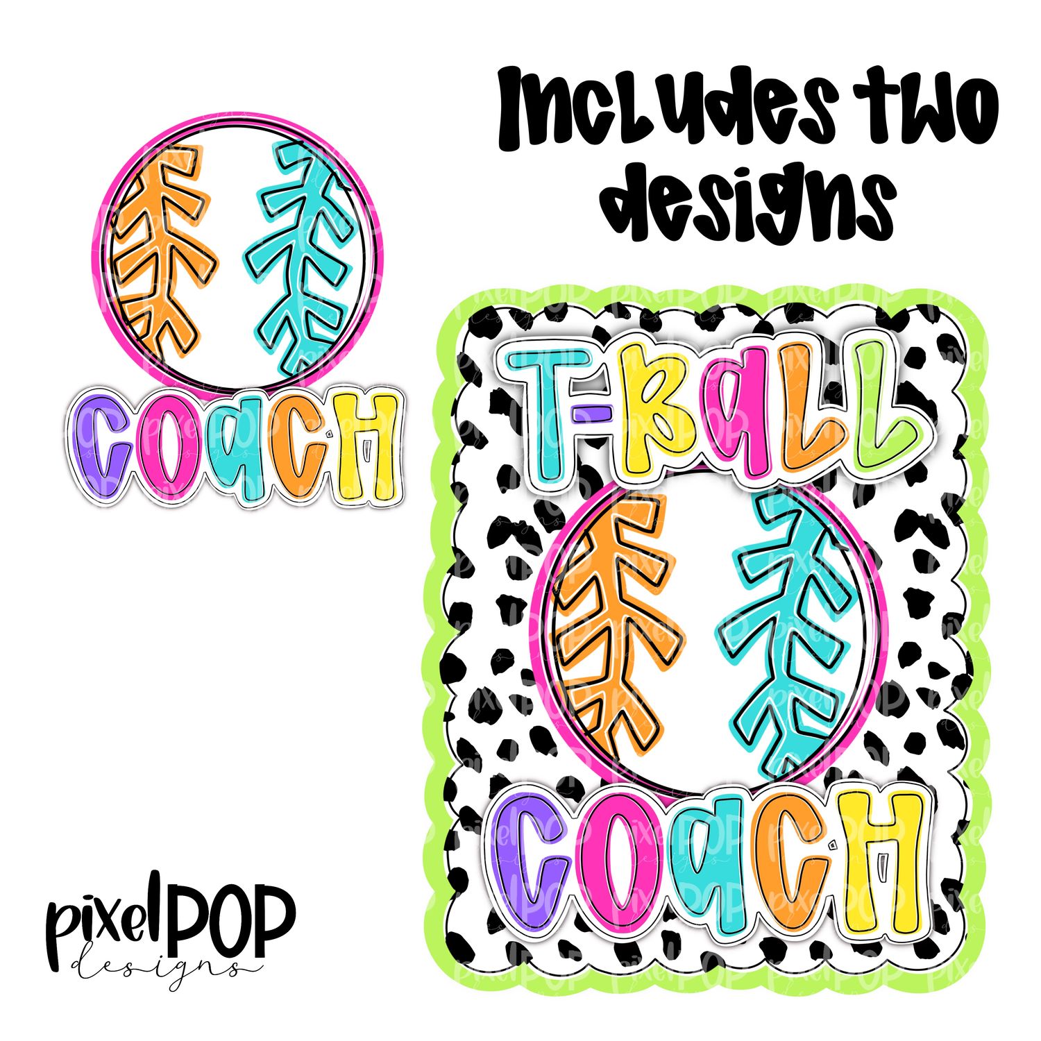 Bright T-Ball Coach Dotty Scalloped Hand Lettered Style PNG and POCKET Design