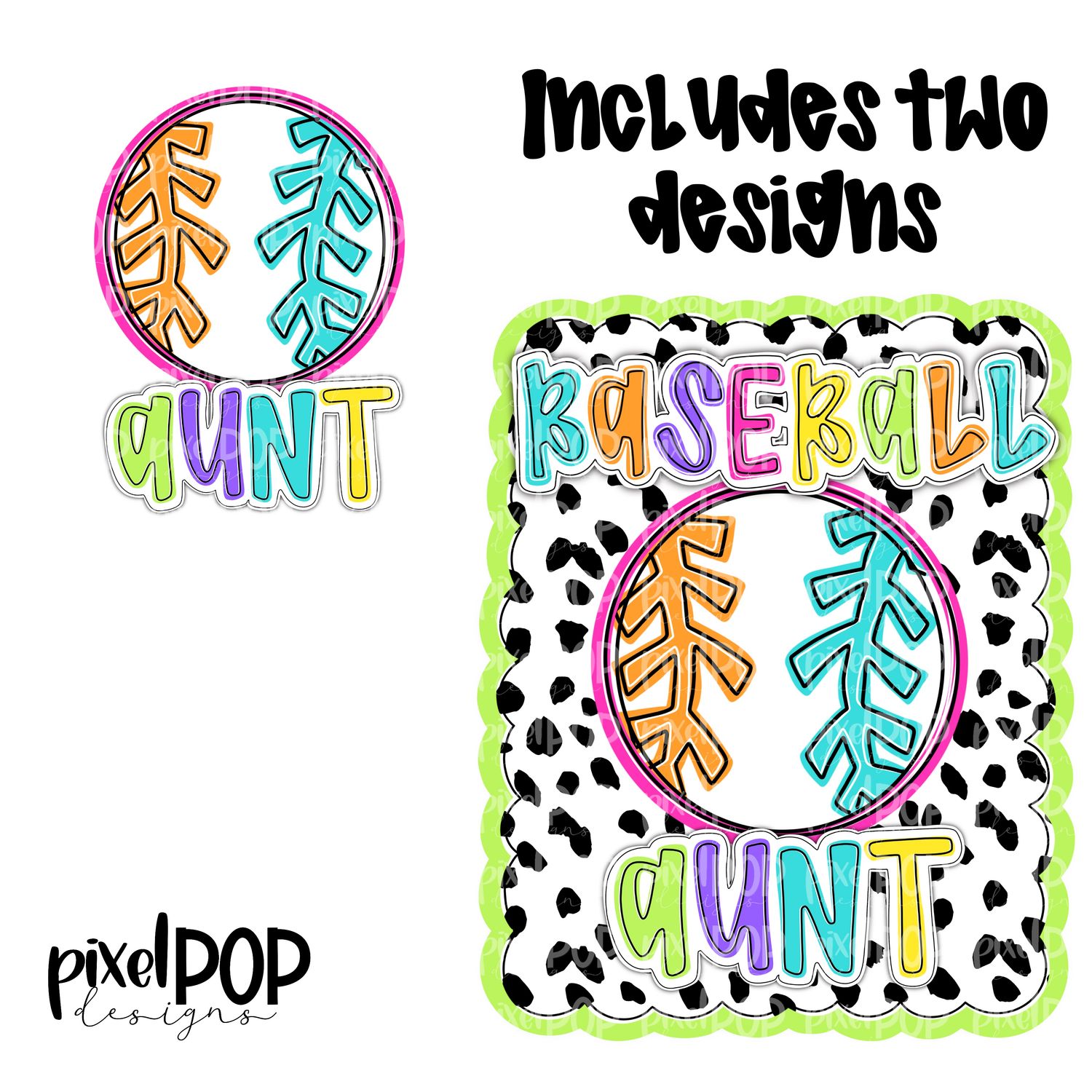 Bright Baseball Aunt Dotty Scalloped Hand Lettered Style PNG and POCKET Design