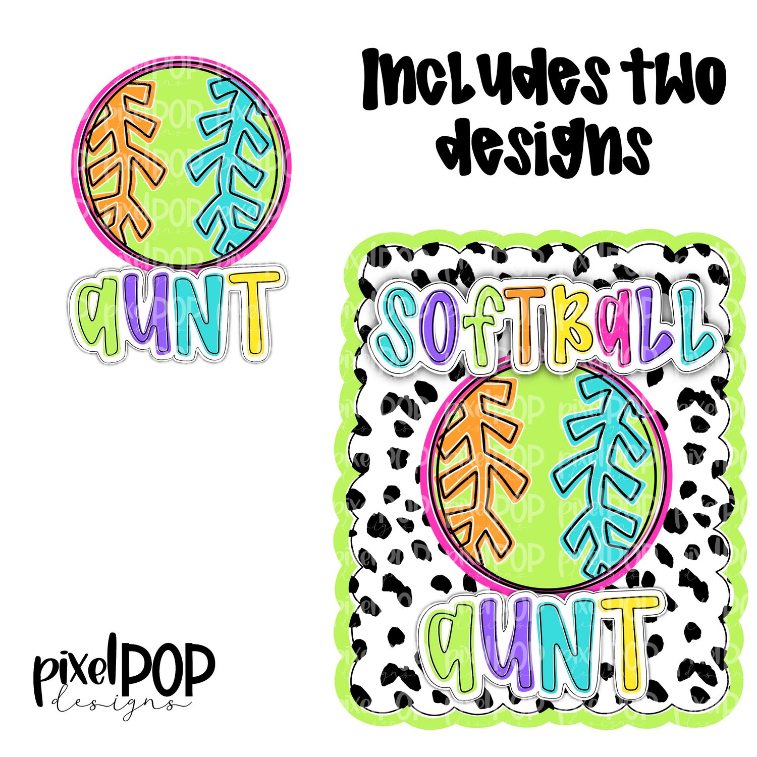 Bright Softball Aunt Dotty Scalloped Hand Lettered Style PNG and POCKET Design