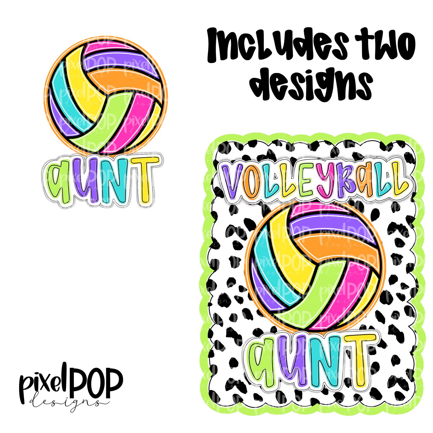 Bright Volleyball Aunt Dotty Scalloped Hand Lettered Style PNG and POCKET Design