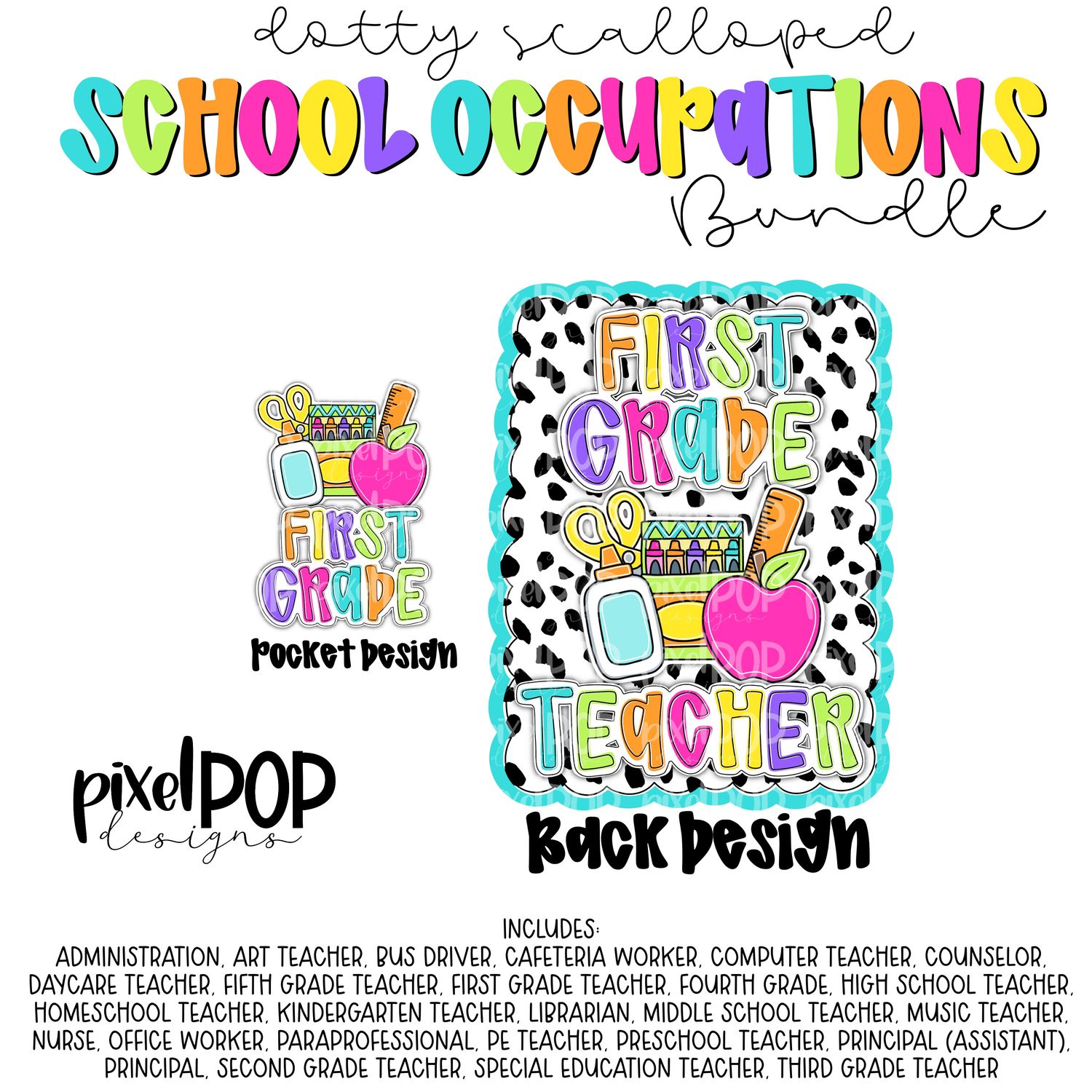 BUNDLE: Dotty Scalloped School Occupations (54 PNGs)
