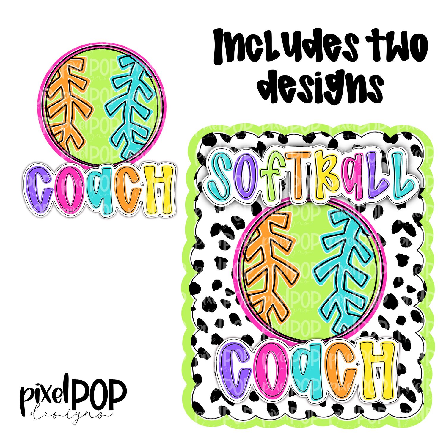 Bright Softball Coach Dotty Scalloped Hand Lettered Style PNG and POCKET Design