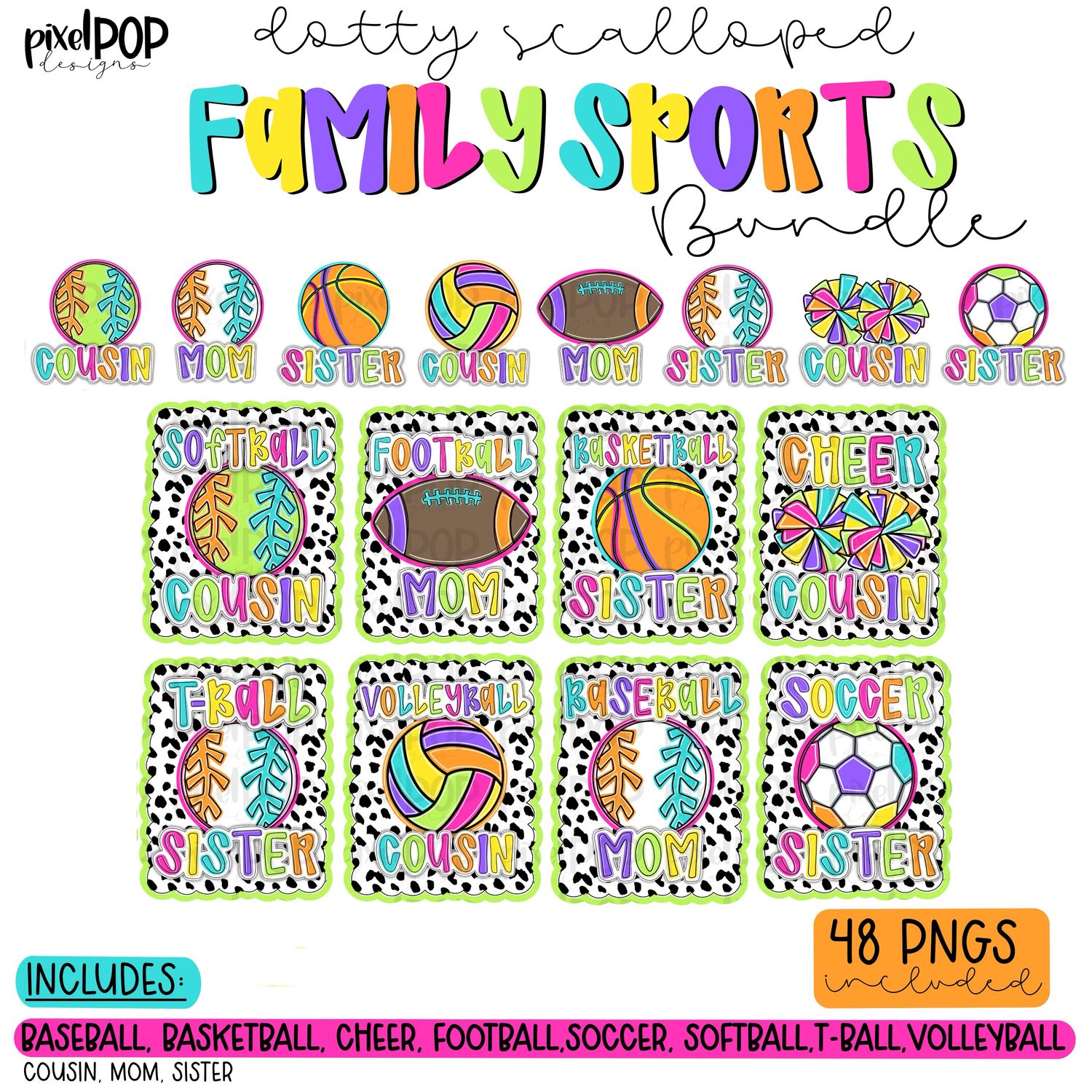 BUNDLE: Dotty Scalloped Sports Family PNGS with POCKET Designs (*48 DESIGNS*)