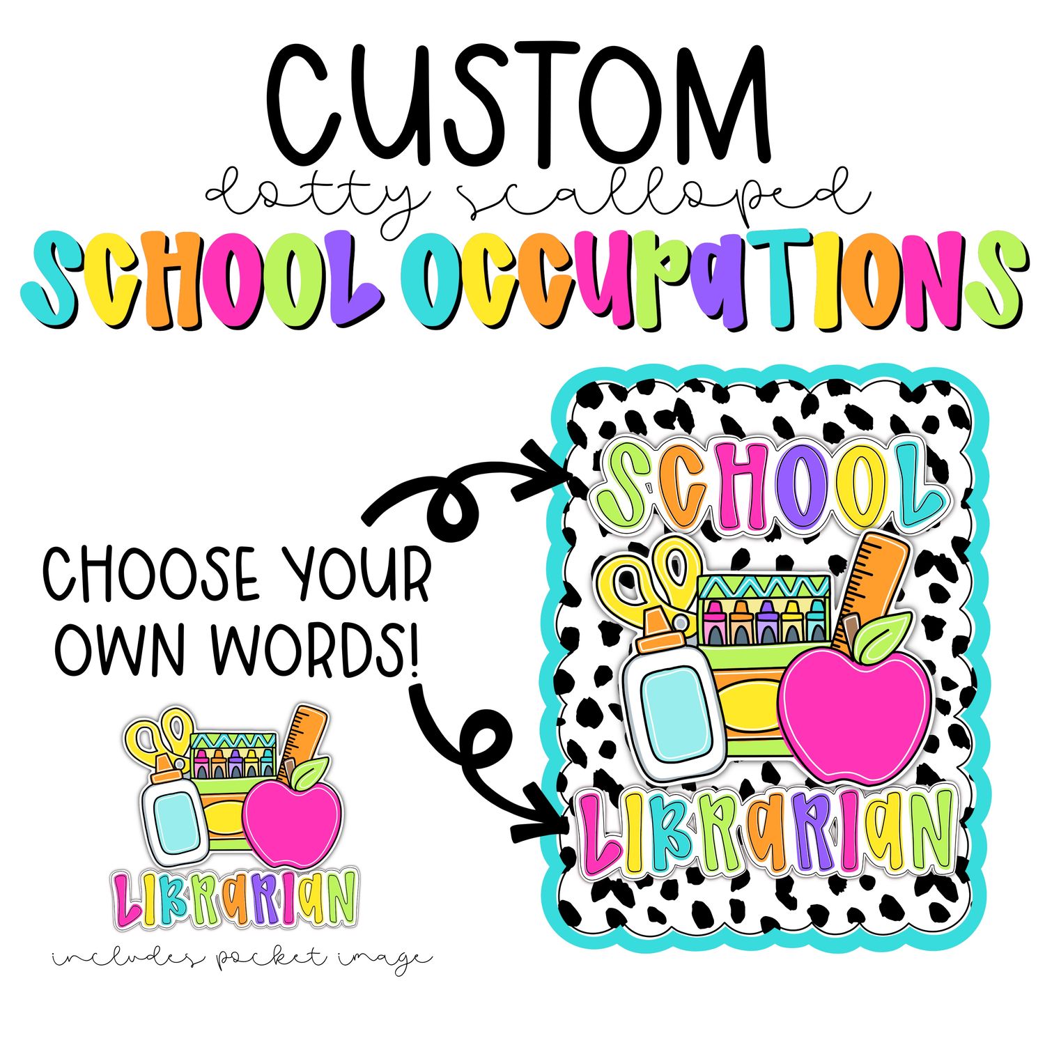 CUSTOM: SCHOOL *BRIGHT* Dotty Scalloped Hand Lettered Style (2 PNG IMAGES INCLUDED)