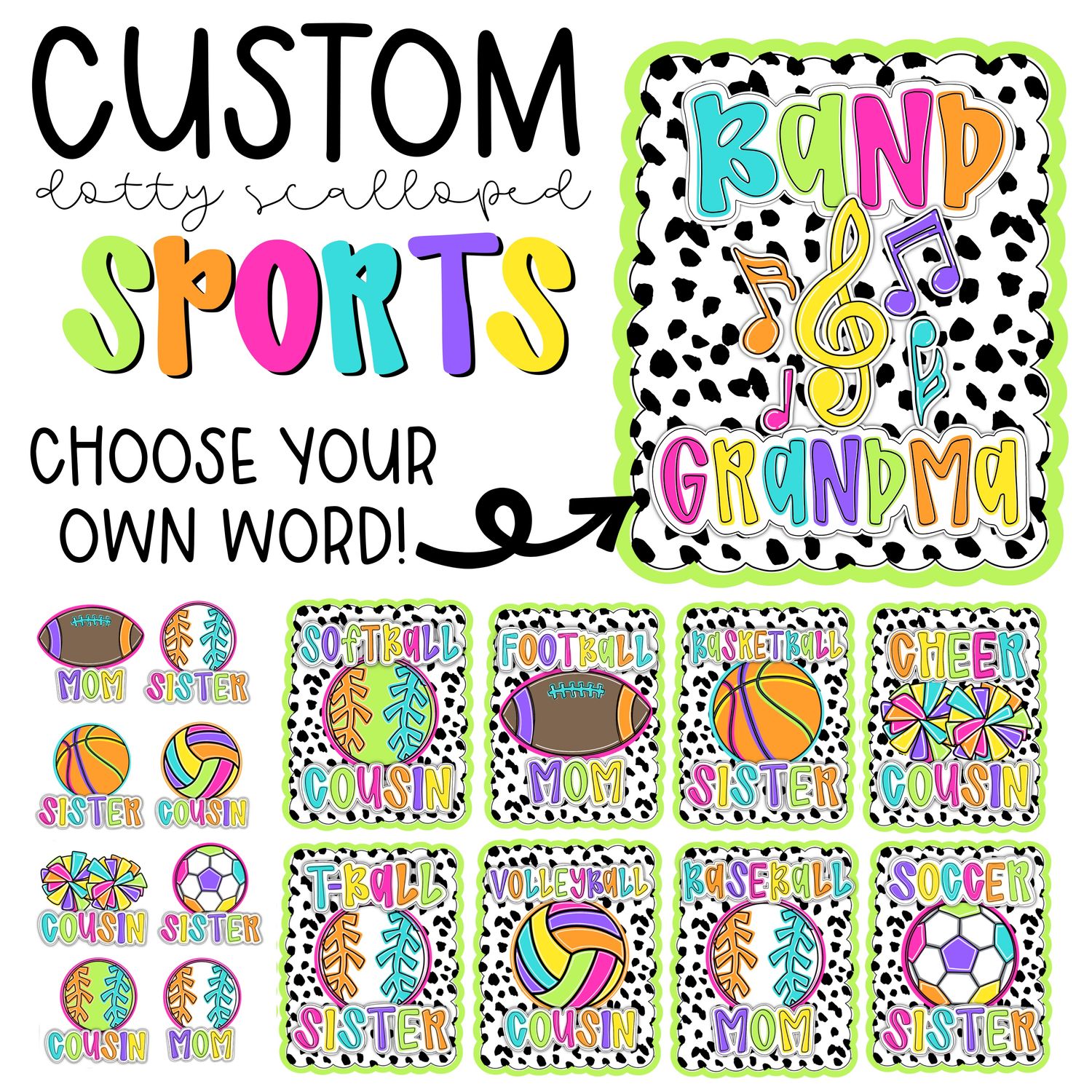 CUSTOM: SPORTS *BRIGHT* Dotty Scalloped Hand Lettered Style (2 PNG IMAGES INCLUDED)