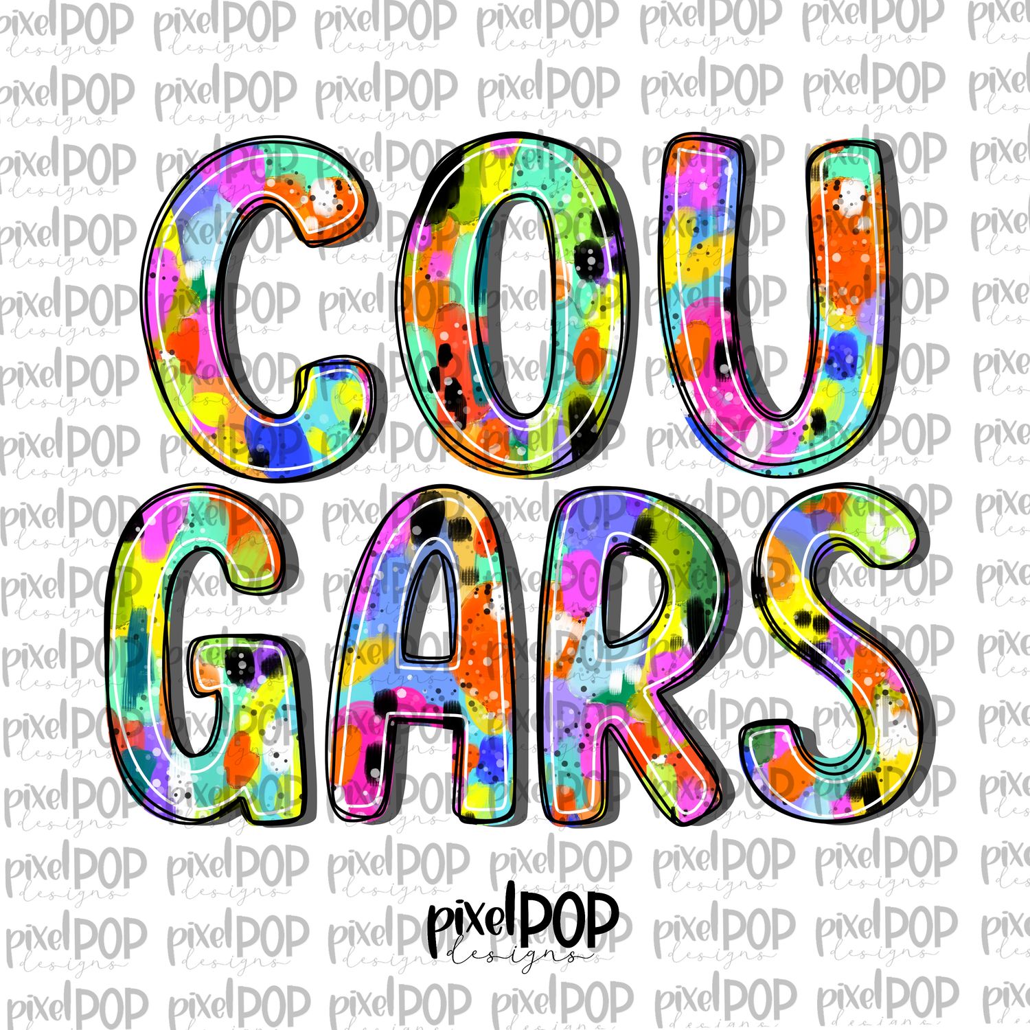 Cougars Abstract Acrylic Bright Mascots Hand Lettered Style PNG