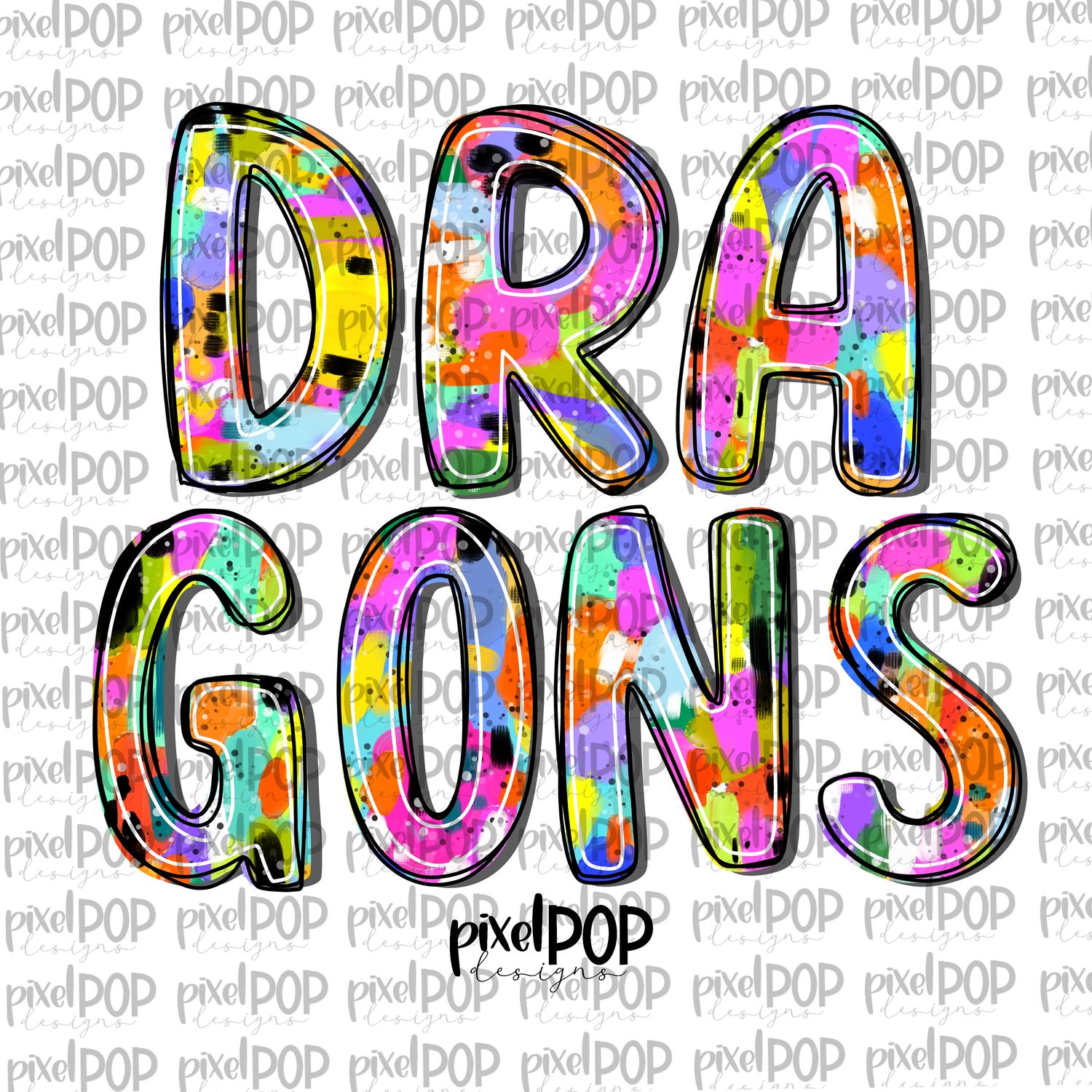 Dragons Abstract Acrylic Bright Mascots Hand Lettered Style PNG